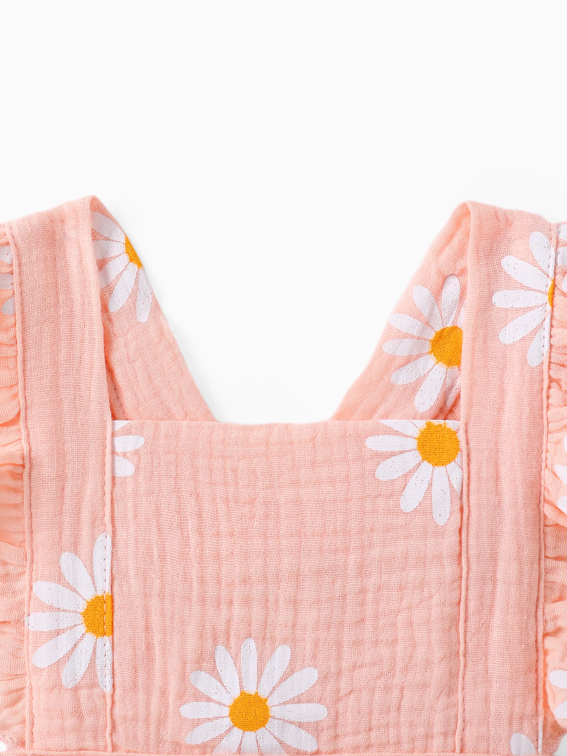 100% Cotton 2pcs Daisy Print Crepe Fabric Baby Romper Set Pink - Image 3