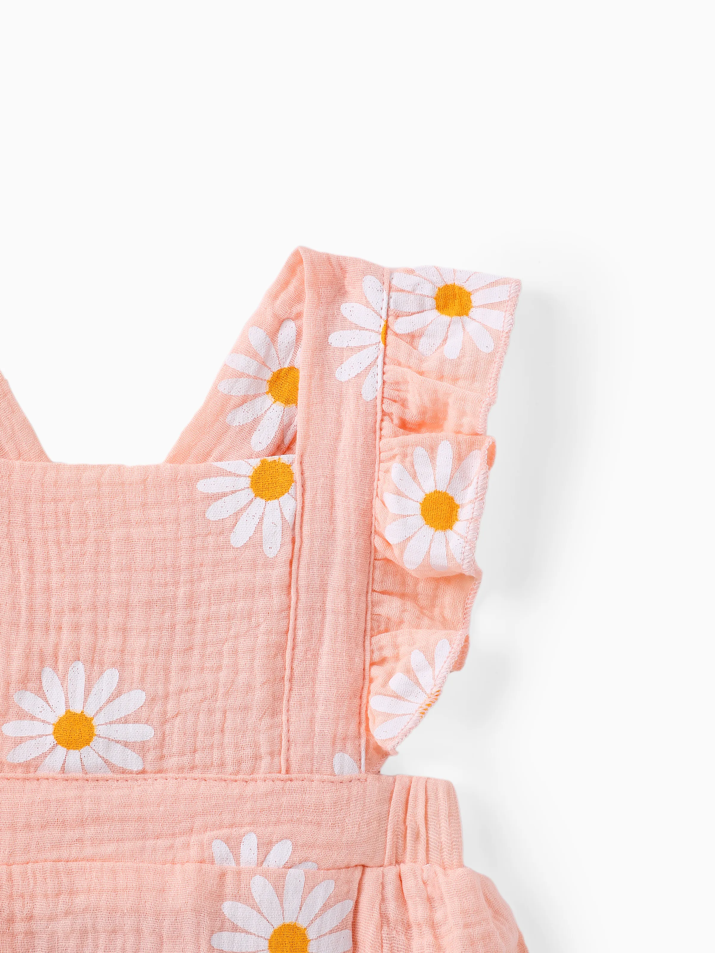 100% Cotton 2pcs Daisy Print Crepe Fabric Baby Romper Set Pink - Image 4