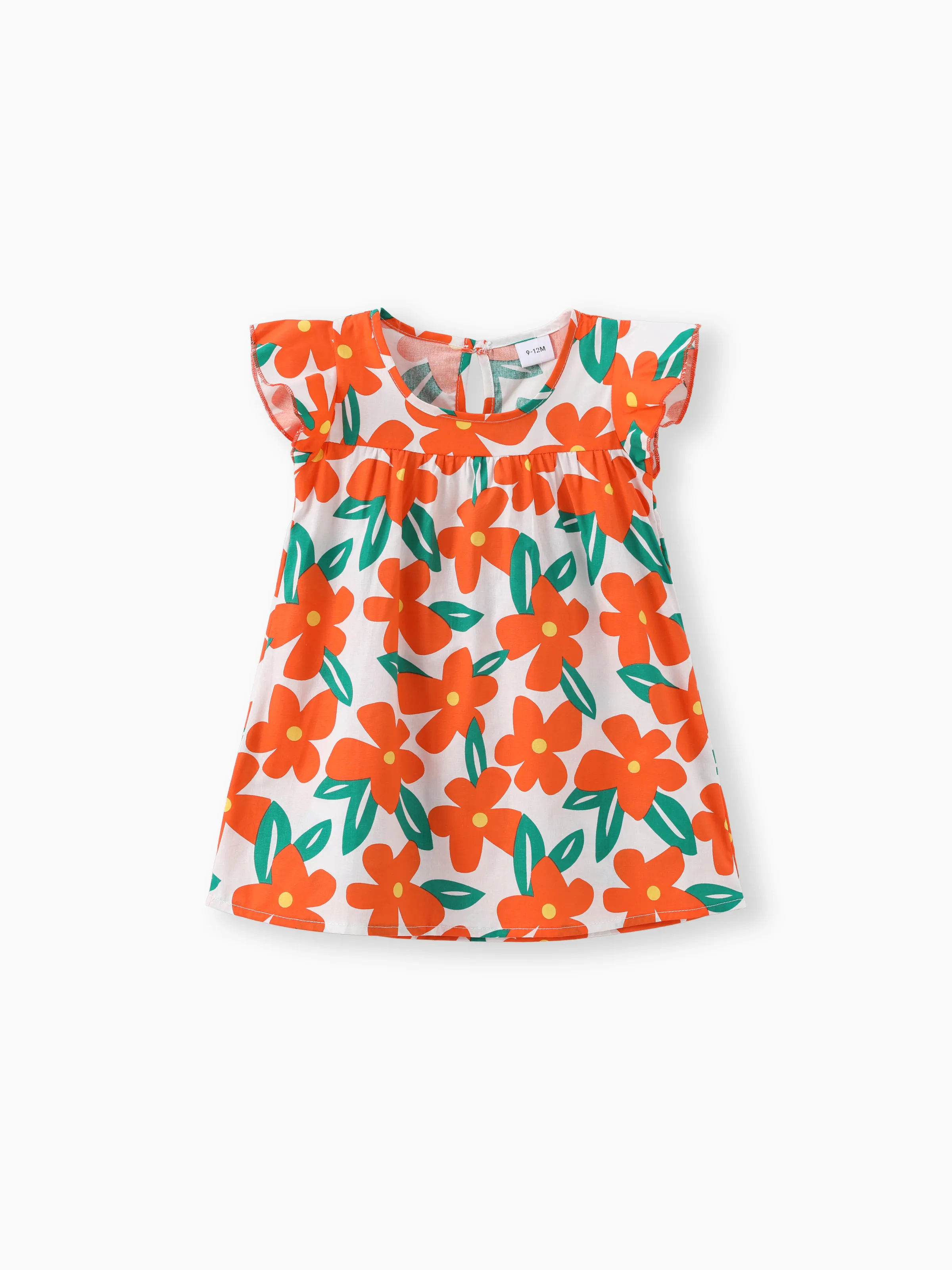 100% Cotton Baby Girl All Over Floral Print Flutter-sleeve Loose-fit Dress Orange - Image 3