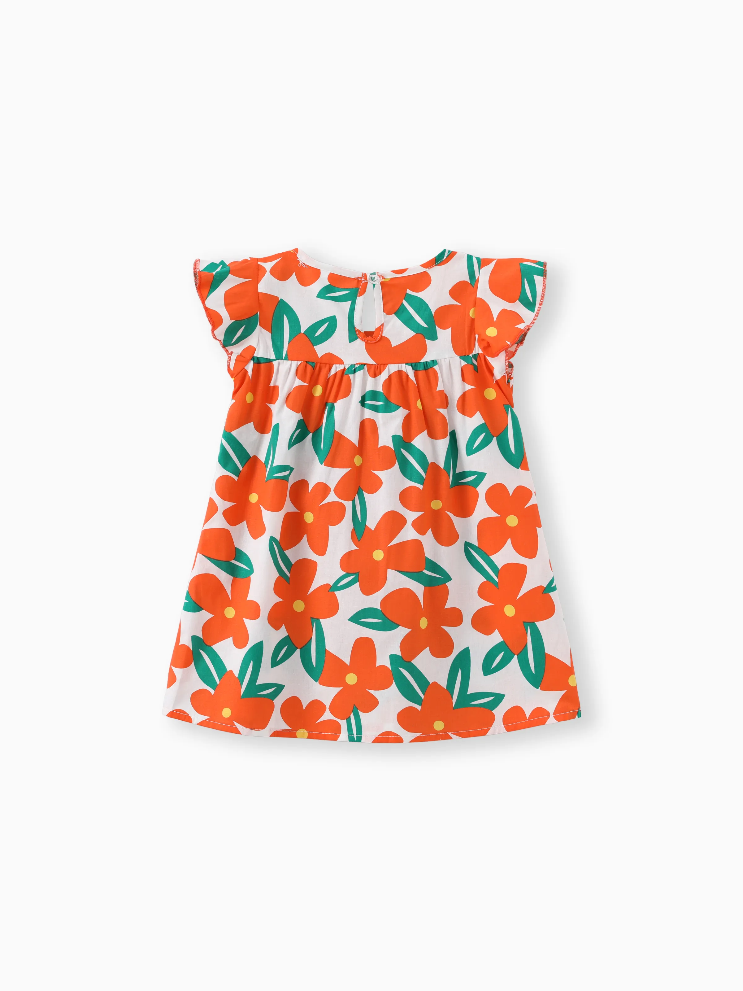 100% Cotton Baby Girl All Over Floral Print Flutter-sleeve Loose-fit Dress Orange - Image 4