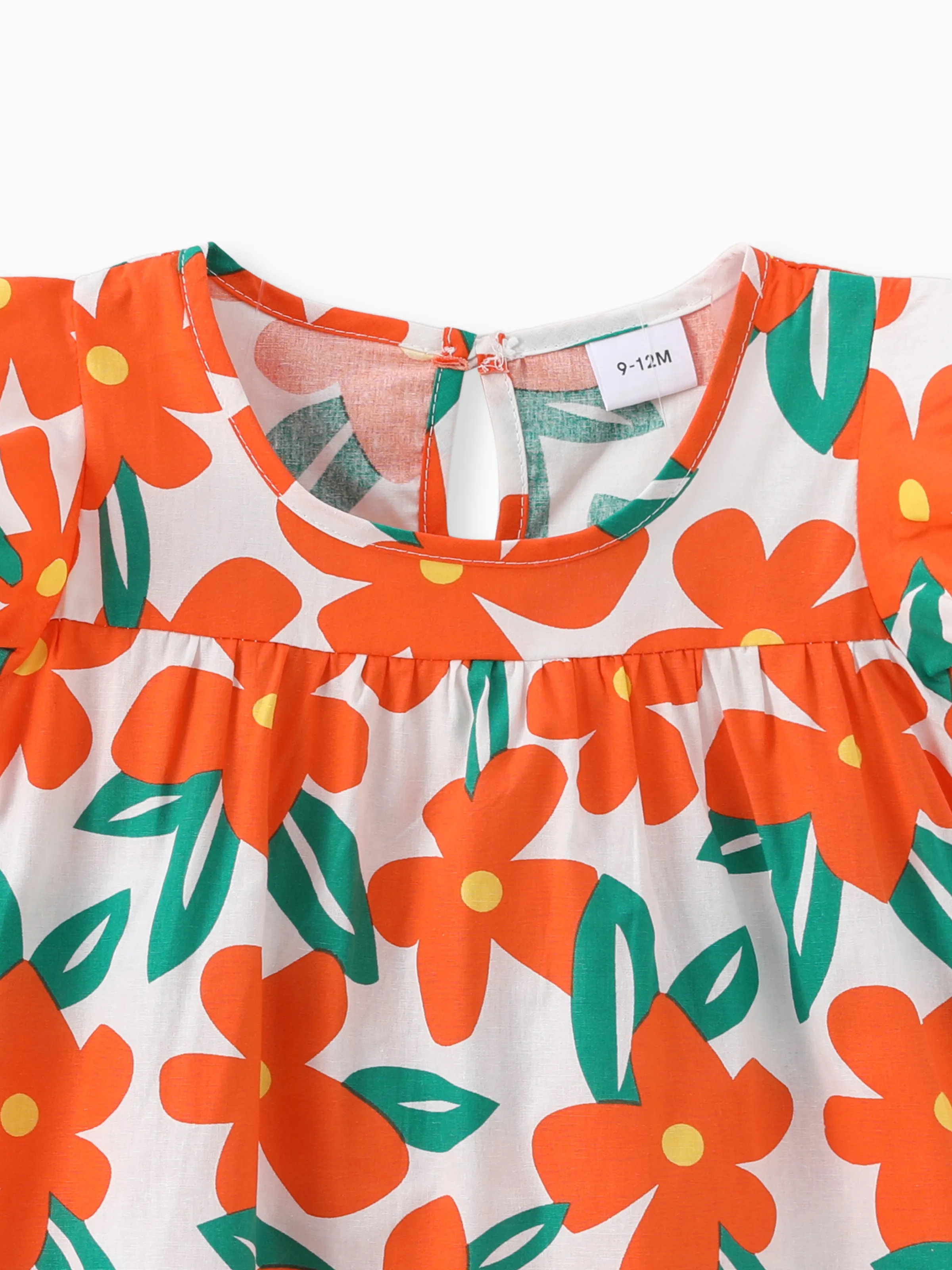100% Cotton Baby Girl All Over Floral Print Flutter-sleeve Loose-fit Dress Orange - Image 5