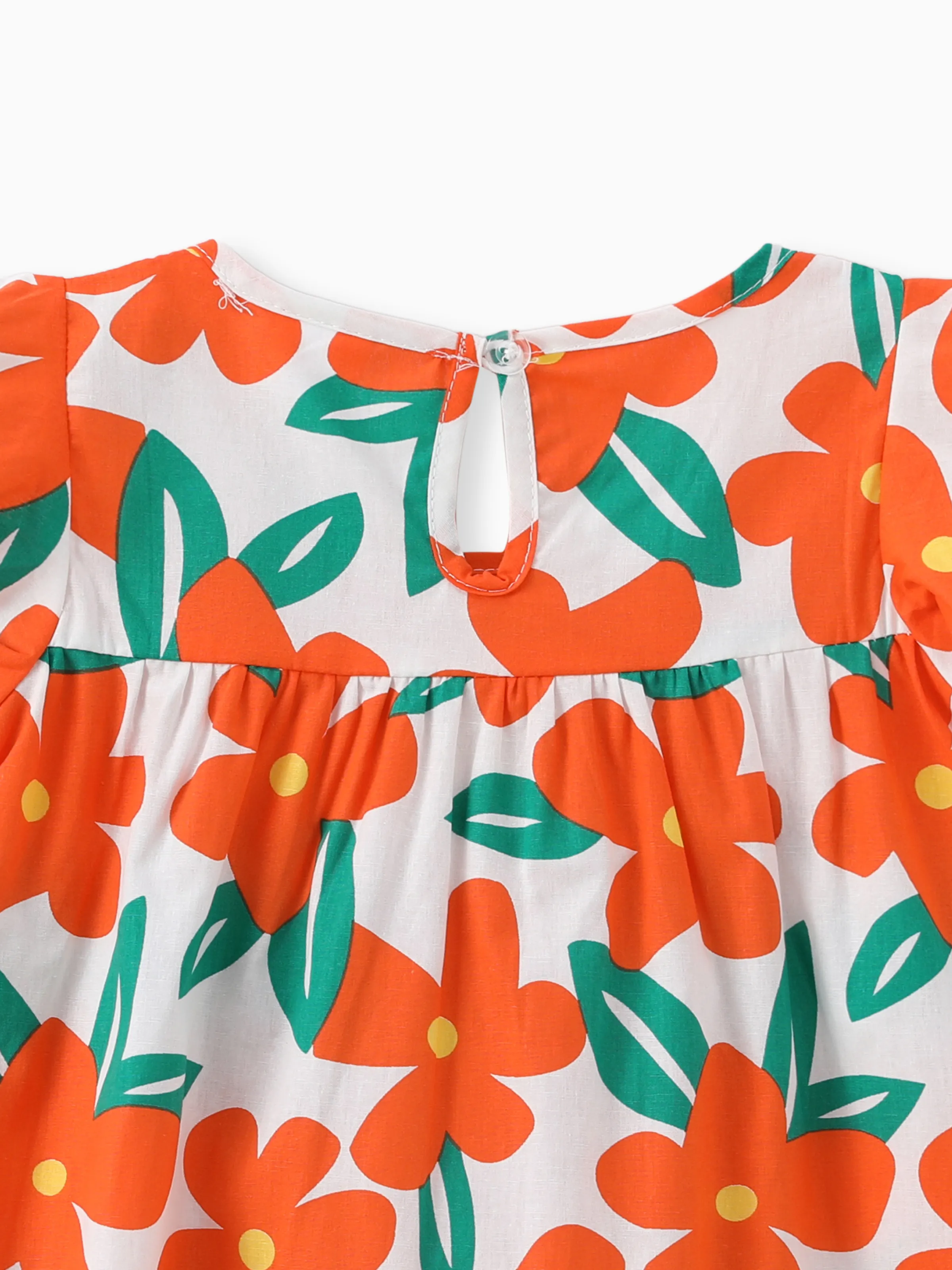 100% Cotton Baby Girl All Over Floral Print Flutter-sleeve Loose-fit Dress Orange - Image 7