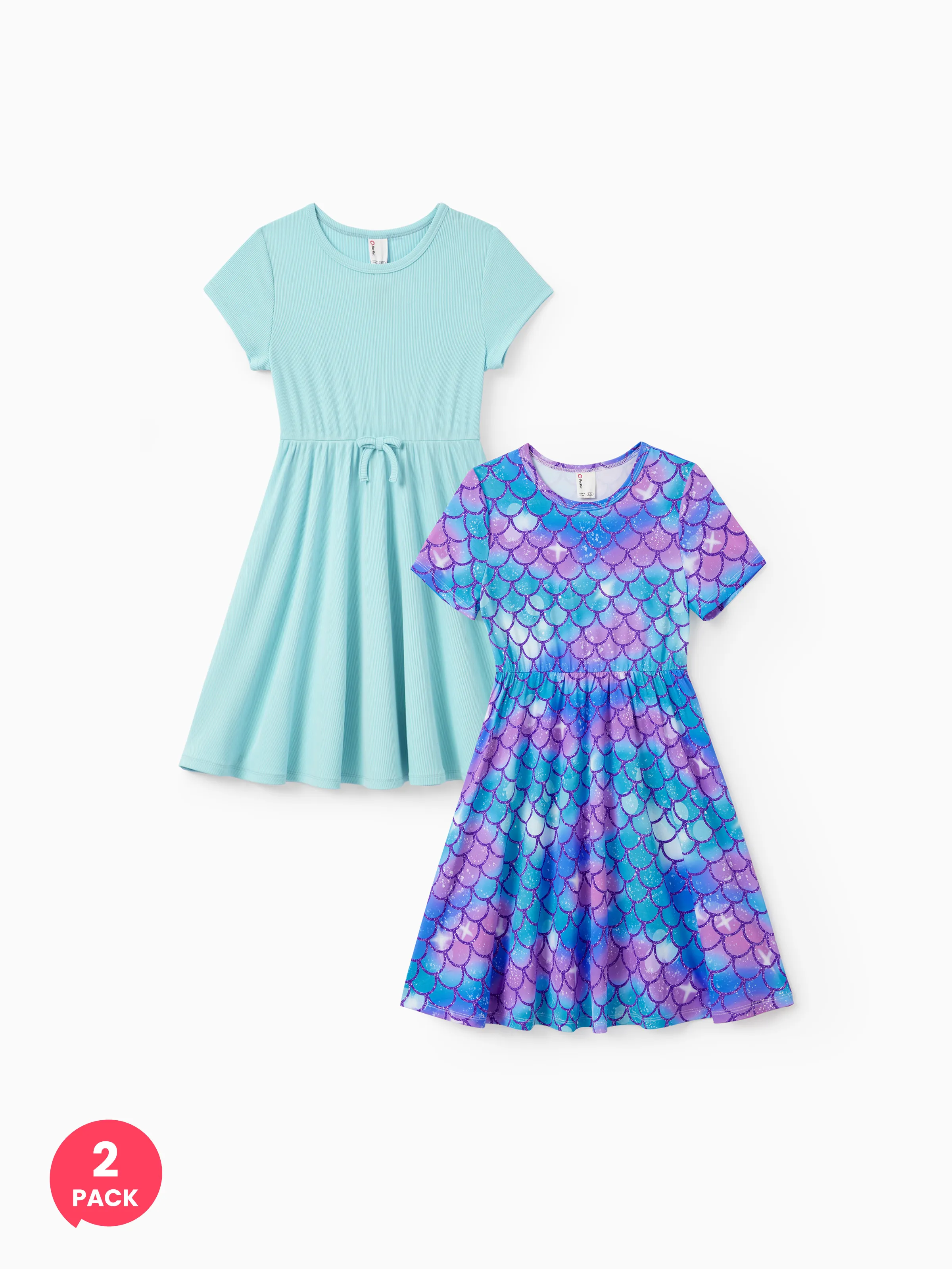 2-Pack Toddler/Kid Girl Printed & Solid Causal Dress Green - Image 2