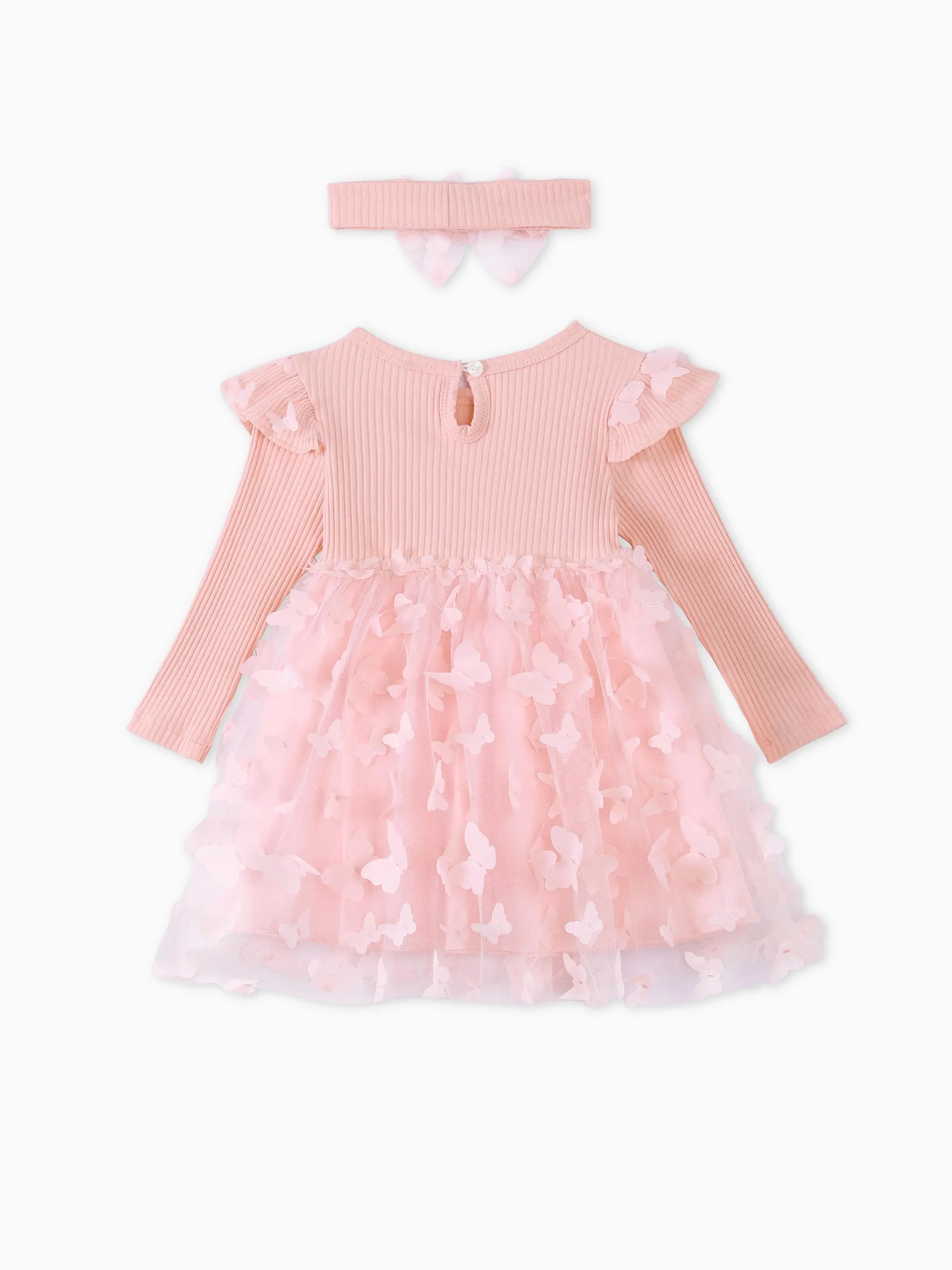2pcs Baby Girl 95% Cotton Ribbed Long-sleeve Splicing 3D Butterfly Appliques Mesh Fairy Dress with Headband Set Pink - Image 2