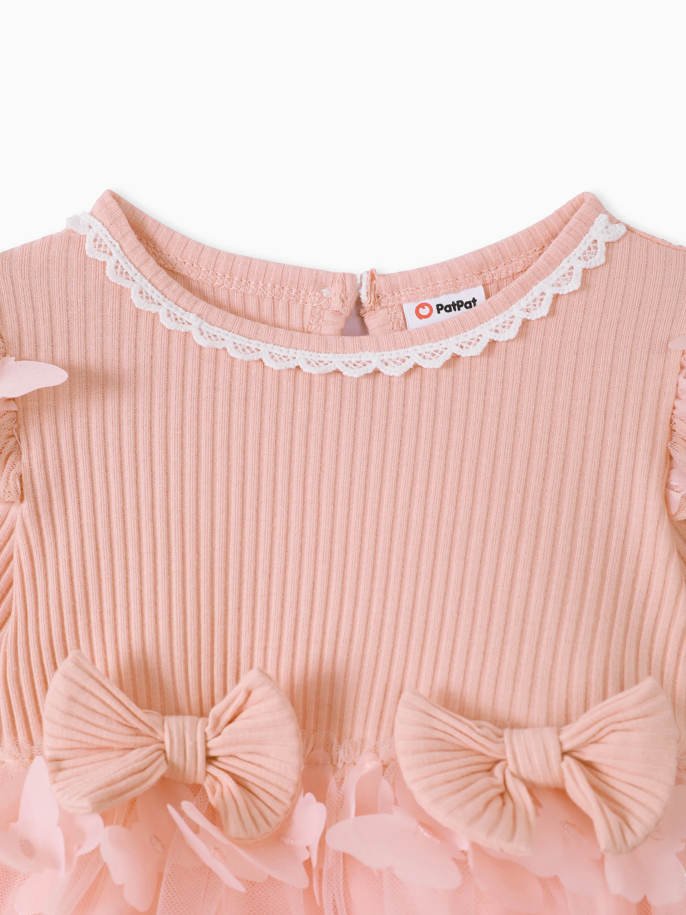2pcs Baby Girl 95% Cotton Ribbed Long-sleeve Splicing 3D Butterfly Appliques Mesh Fairy Dress with Headband Set Pink - Image 3
