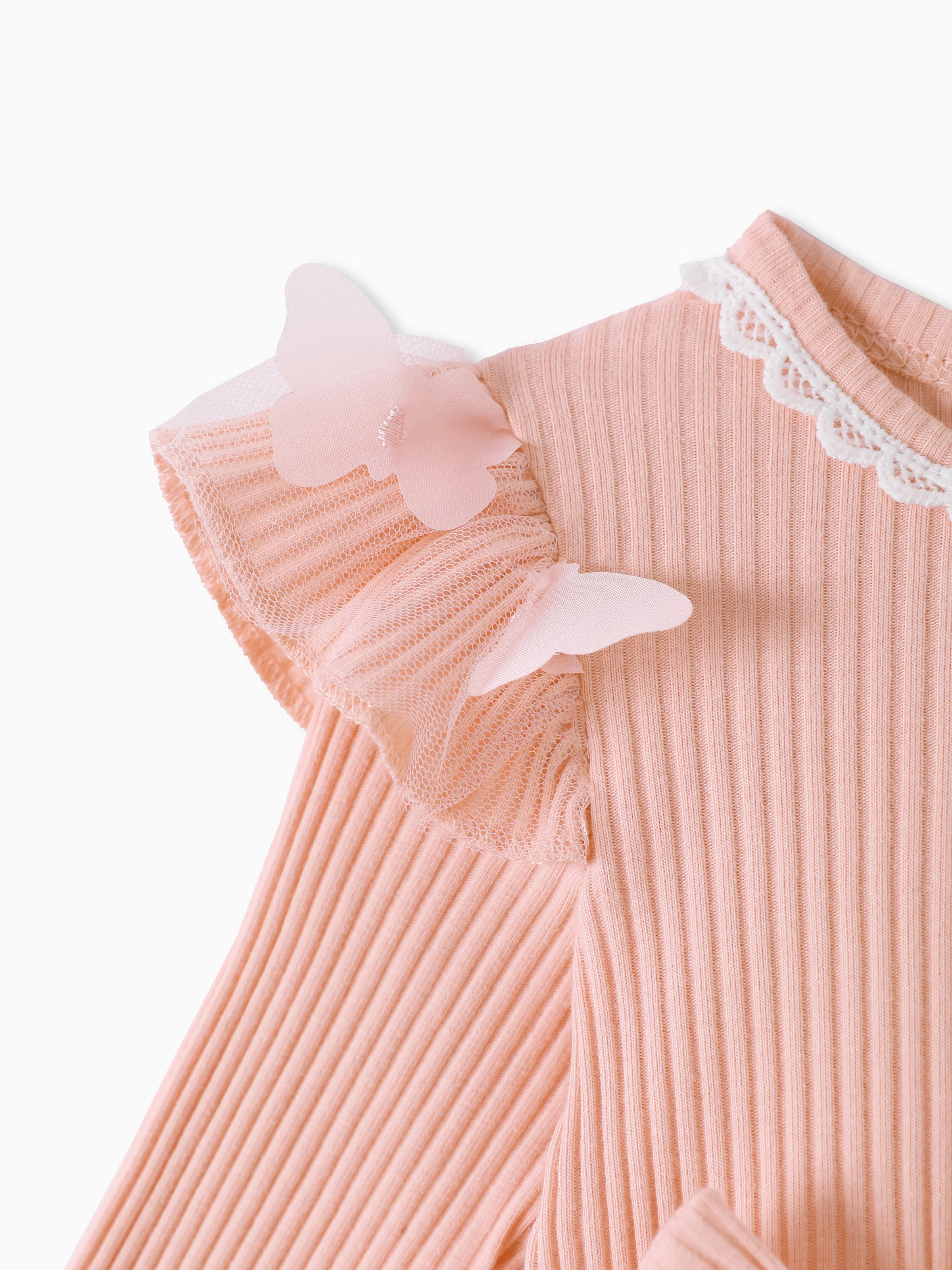 2pcs Baby Girl 95% Cotton Ribbed Long-sleeve Splicing 3D Butterfly Appliques Mesh Fairy Dress with Headband Set Pink - Image 4
