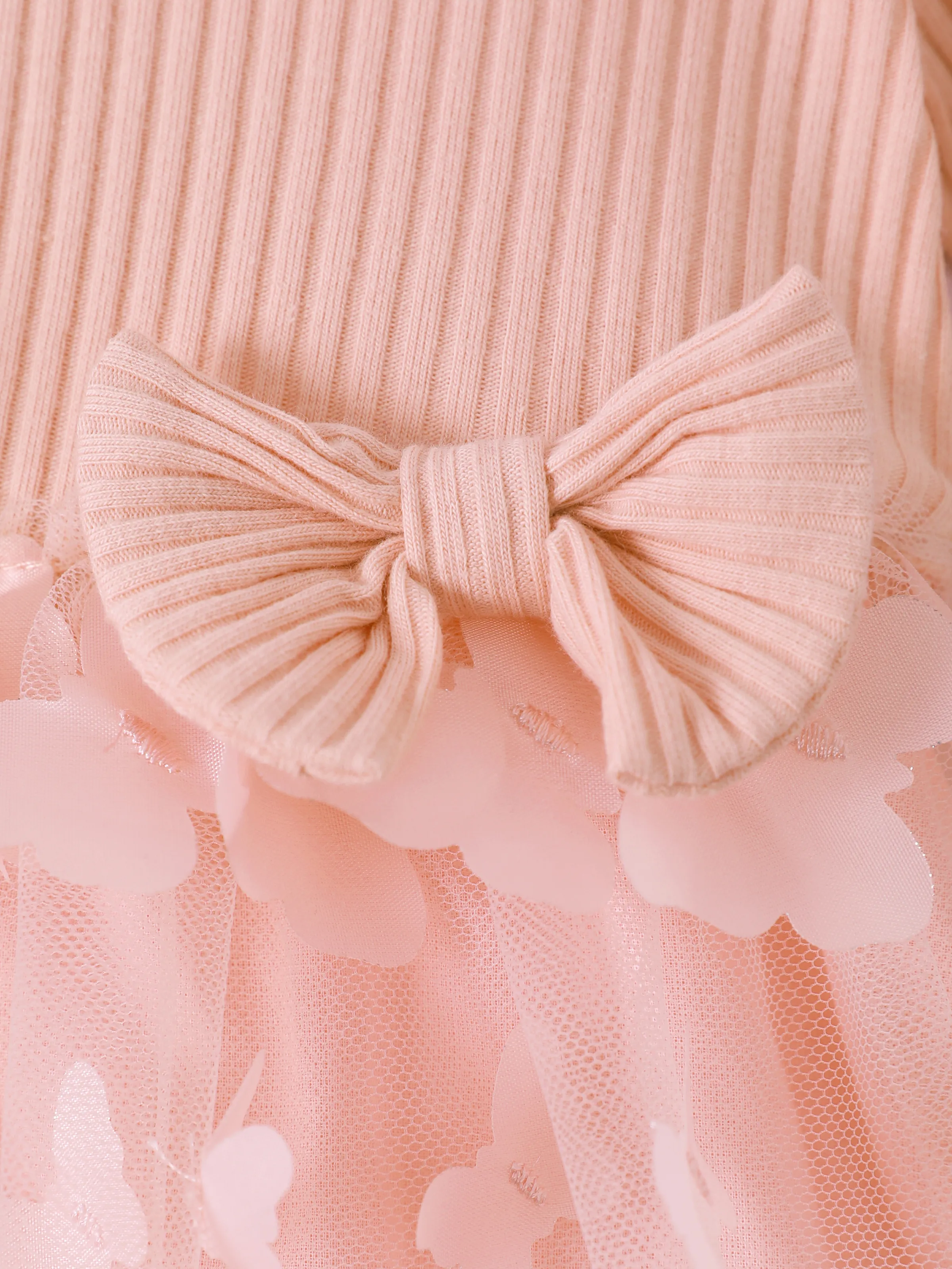 2pcs Baby Girl 95% Cotton Ribbed Long-sleeve Splicing 3D Butterfly Appliques Mesh Fairy Dress with Headband Set Pink - Image 7