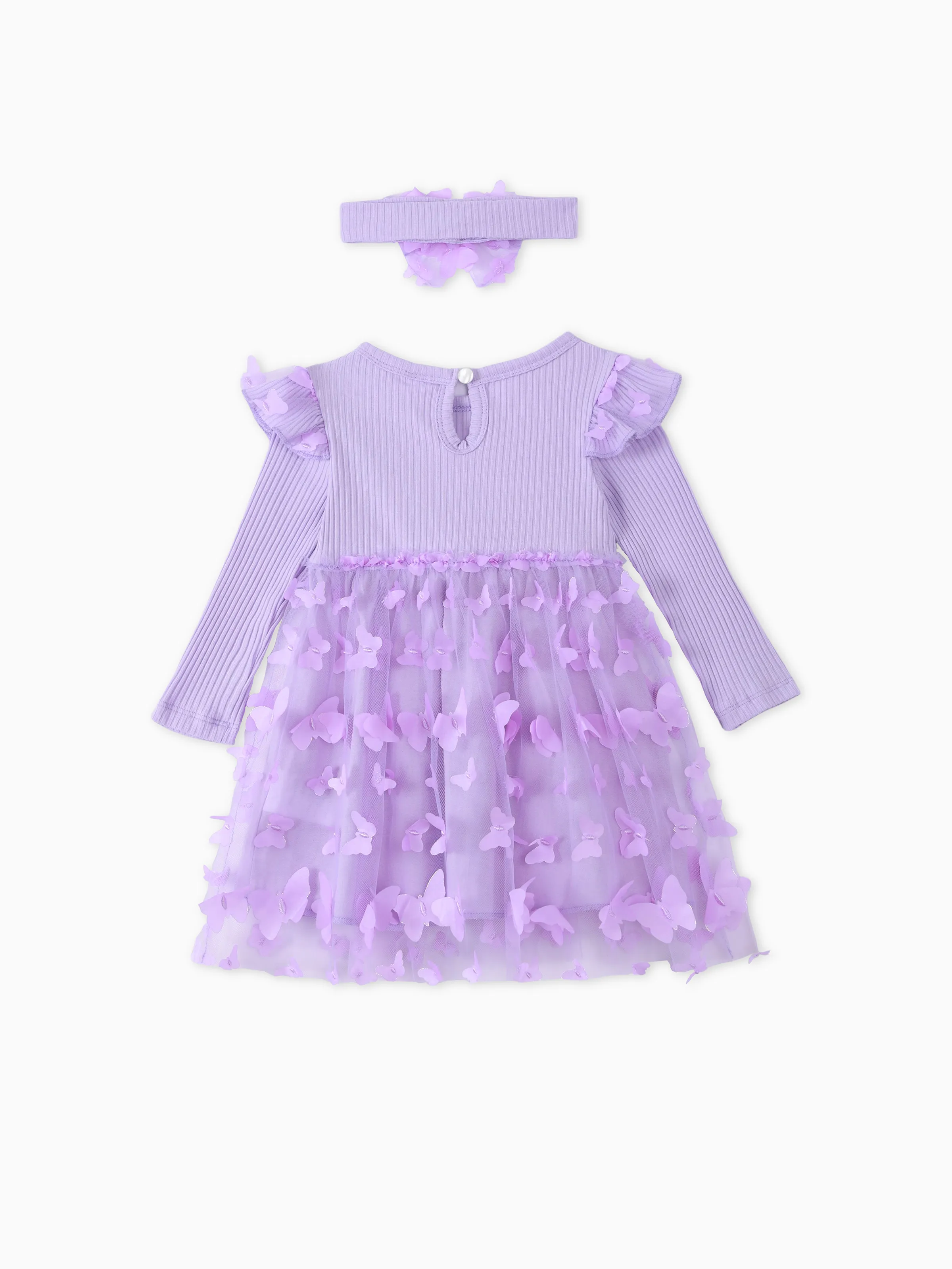 2pcs Baby Girl 95% Cotton Ribbed Long-sleeve Splicing 3D Butterfly Appliques Mesh Fairy Dress with Headband Set Purple - Image 2