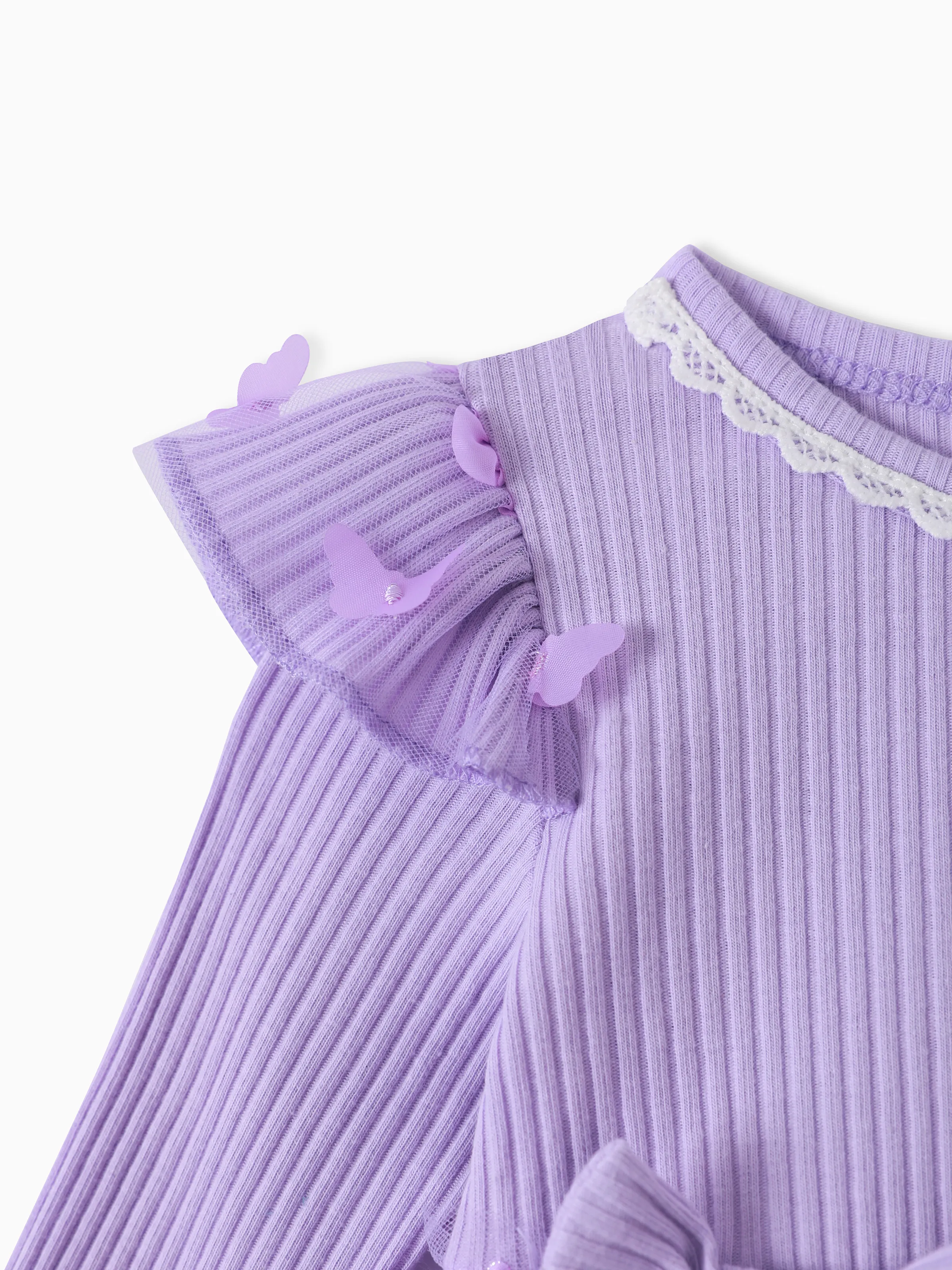 2pcs Baby Girl 95% Cotton Ribbed Long-sleeve Splicing 3D Butterfly Appliques Mesh Fairy Dress with Headband Set Purple - Image 4
