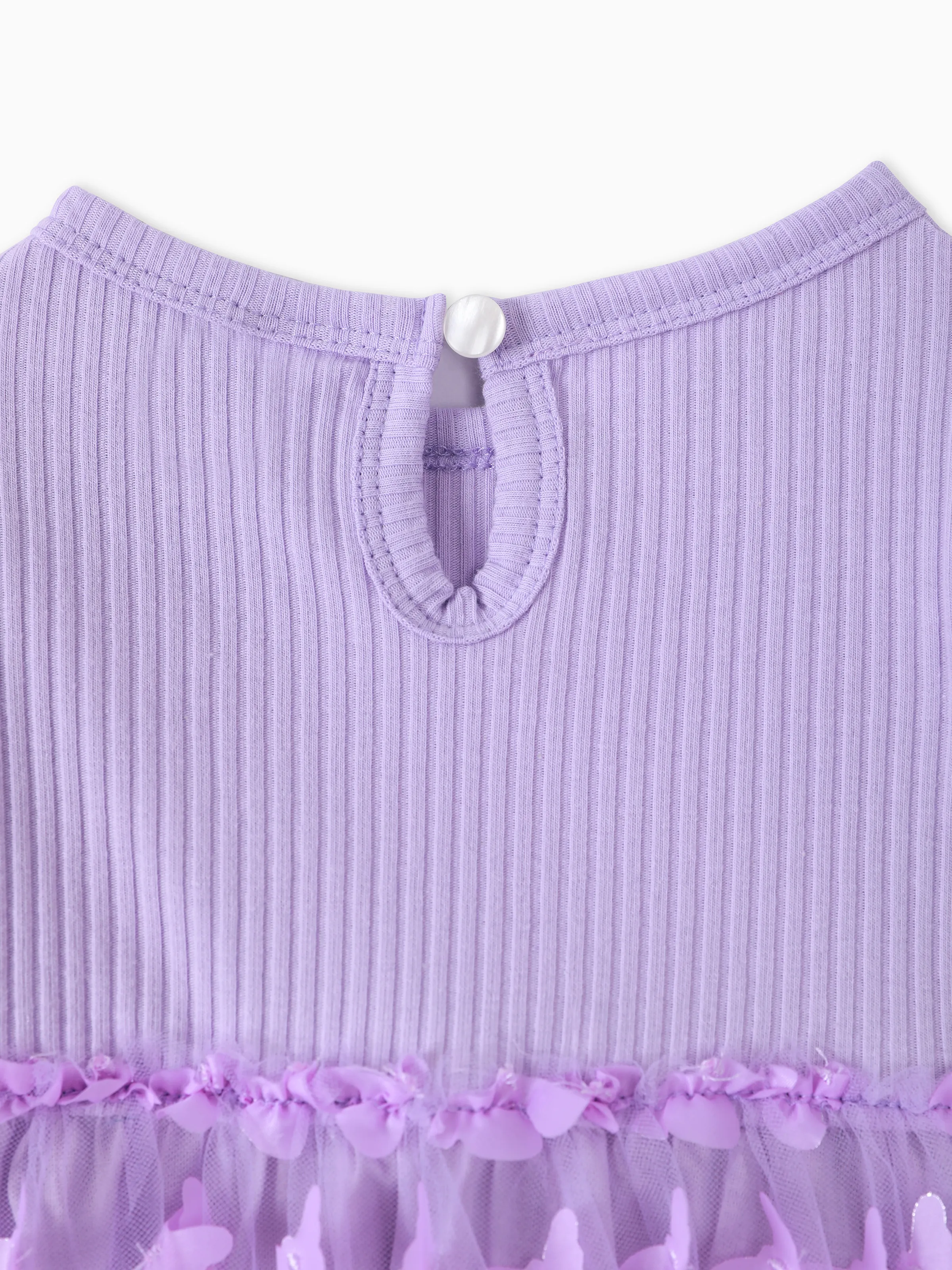 2pcs Baby Girl 95% Cotton Ribbed Long-sleeve Splicing 3D Butterfly Appliques Mesh Fairy Dress with Headband Set Purple - Image 5