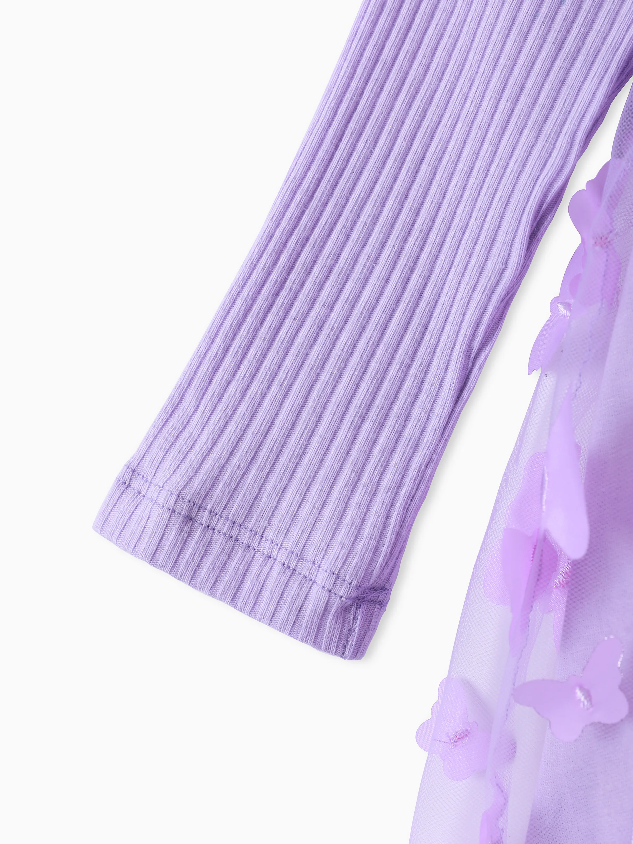 2pcs Baby Girl 95% Cotton Ribbed Long-sleeve Splicing 3D Butterfly Appliques Mesh Fairy Dress with Headband Set Purple - Image 6