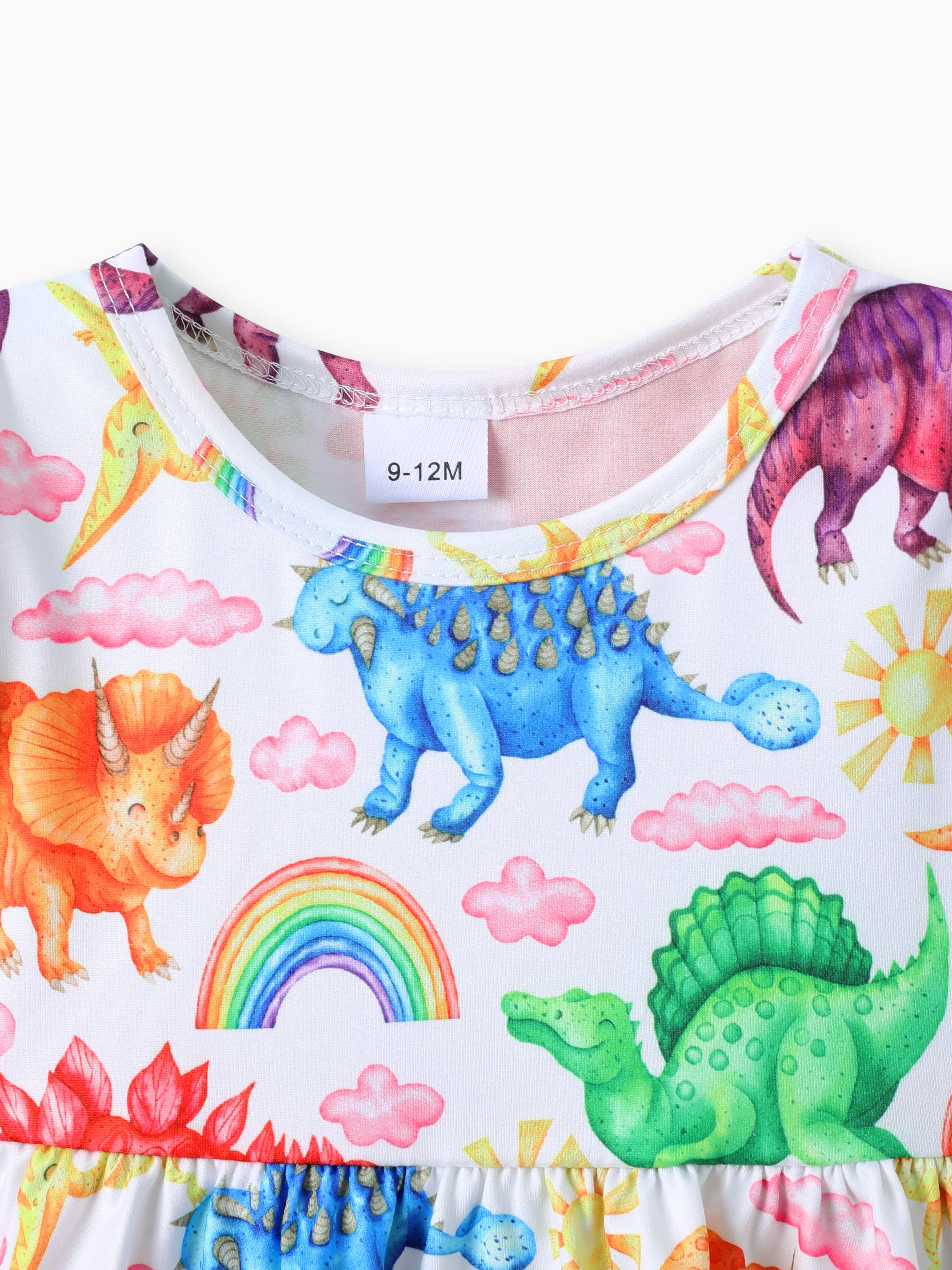 2pcs Baby Girl 95% Cotton Ripped Denim Jeans and Allover Dinosaur Print Ruffle Short-sleeve Top Set Multi-color - Image 3