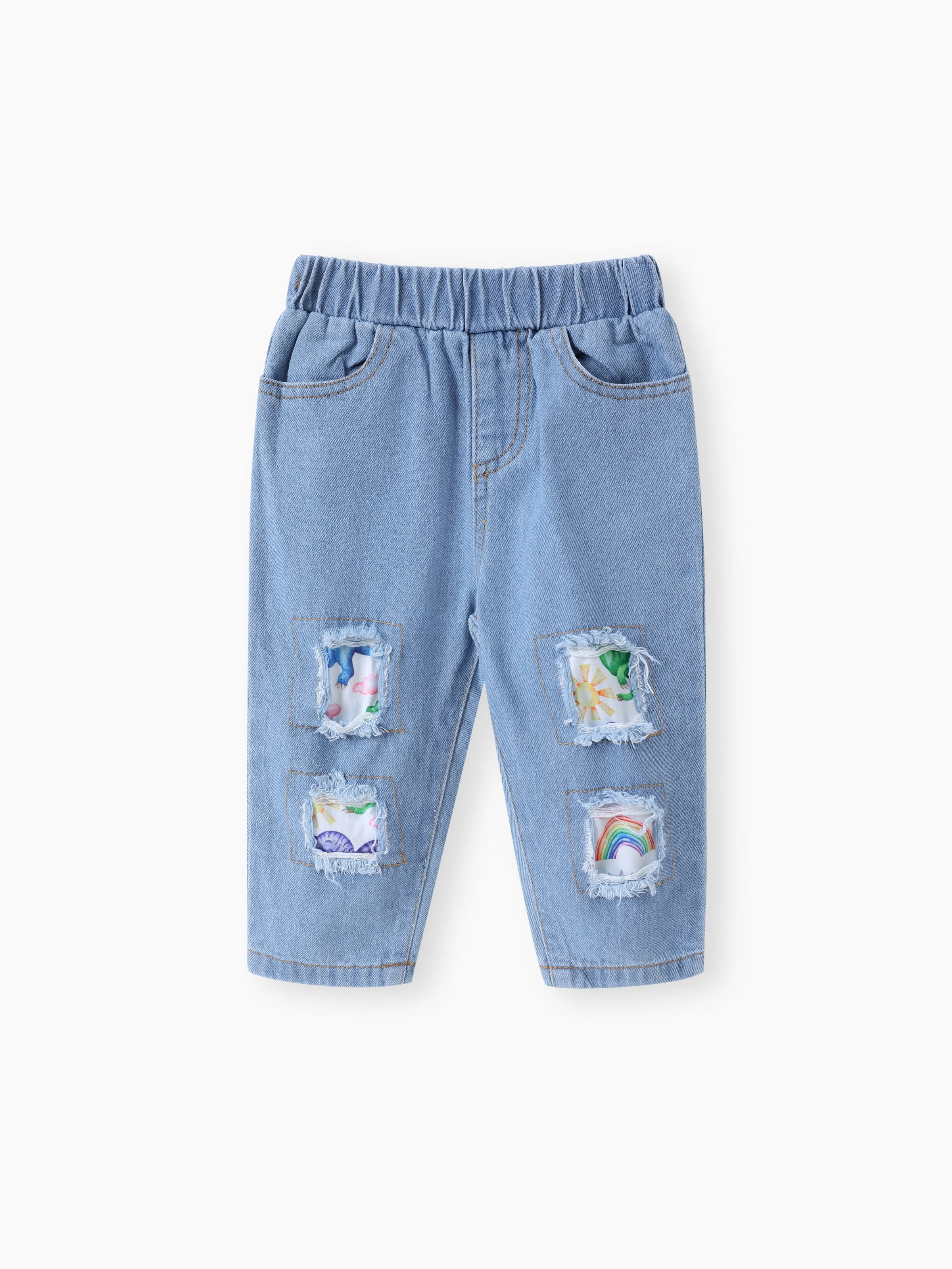 2pcs Baby Girl 95% Cotton Ripped Denim Jeans and Allover Dinosaur Print Ruffle Short-sleeve Top Set Multi-color - Image 6