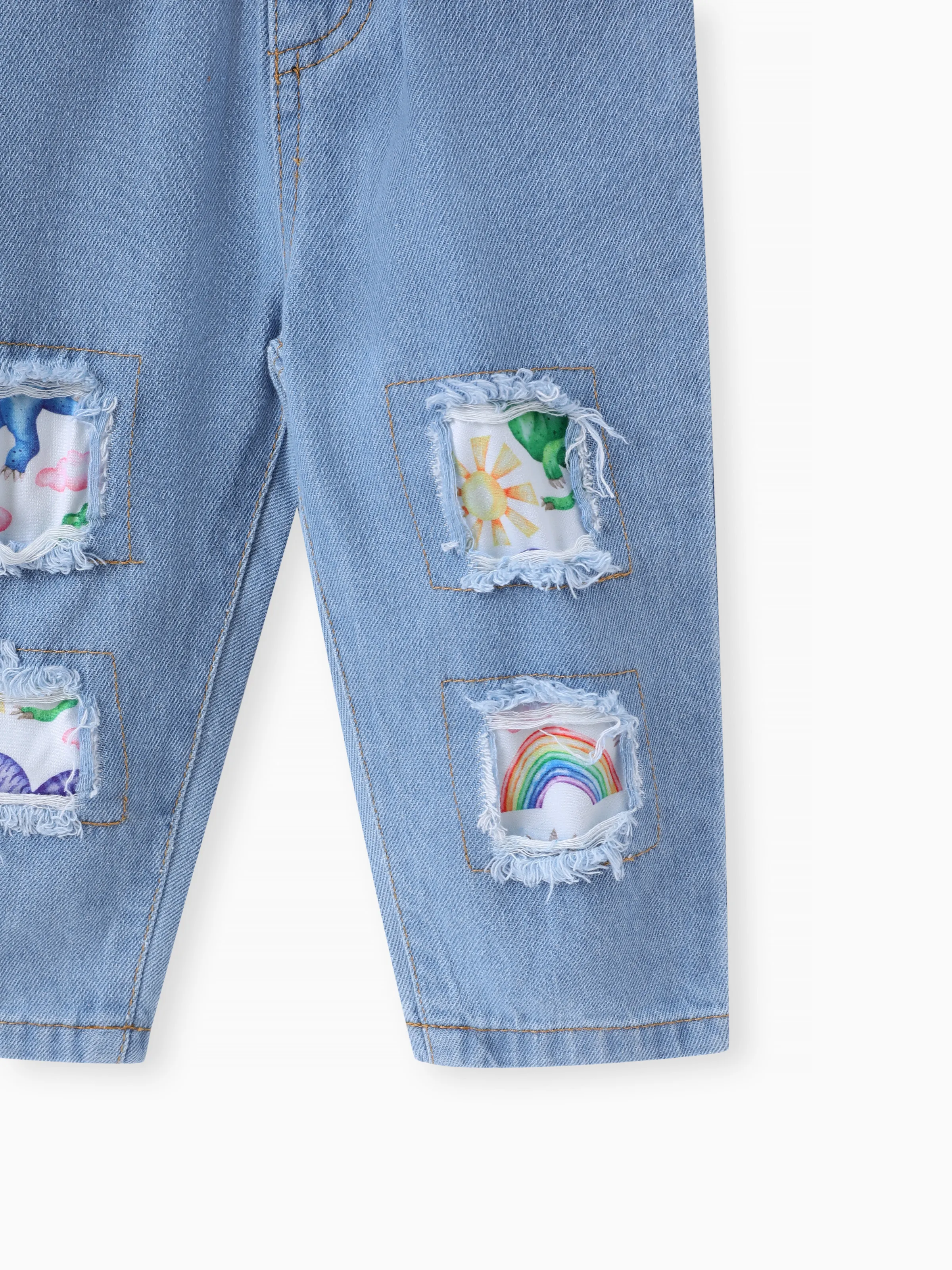 2pcs Baby Girl 95% Cotton Ripped Denim Jeans and Allover Dinosaur Print Ruffle Short-sleeve Top Set Multi-color - Image 8