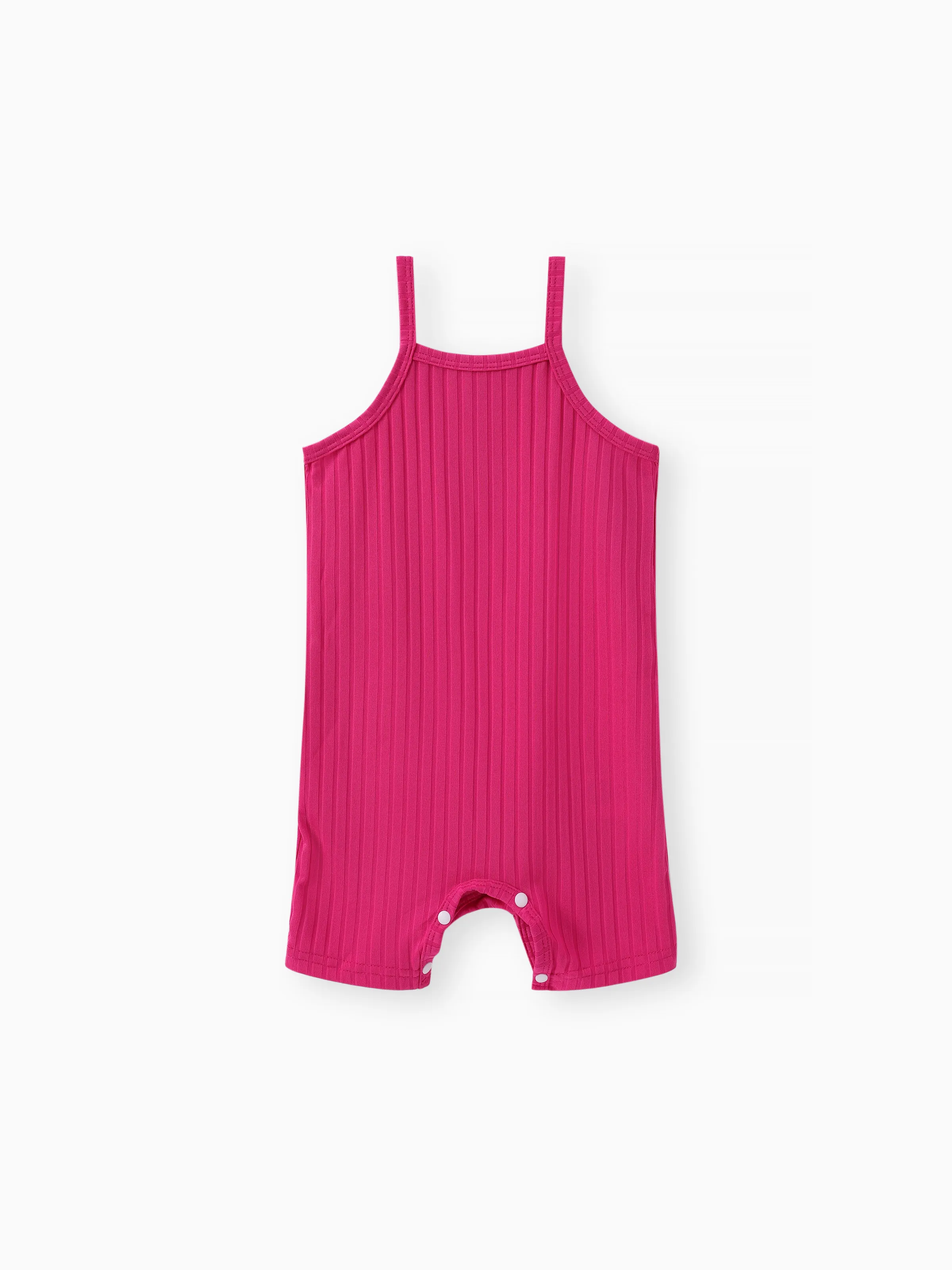 2pcs Baby Girl Solid Rib-knit Romper and Button Up Front Vest Denim Jacket Set Hot Pink - Image 2
