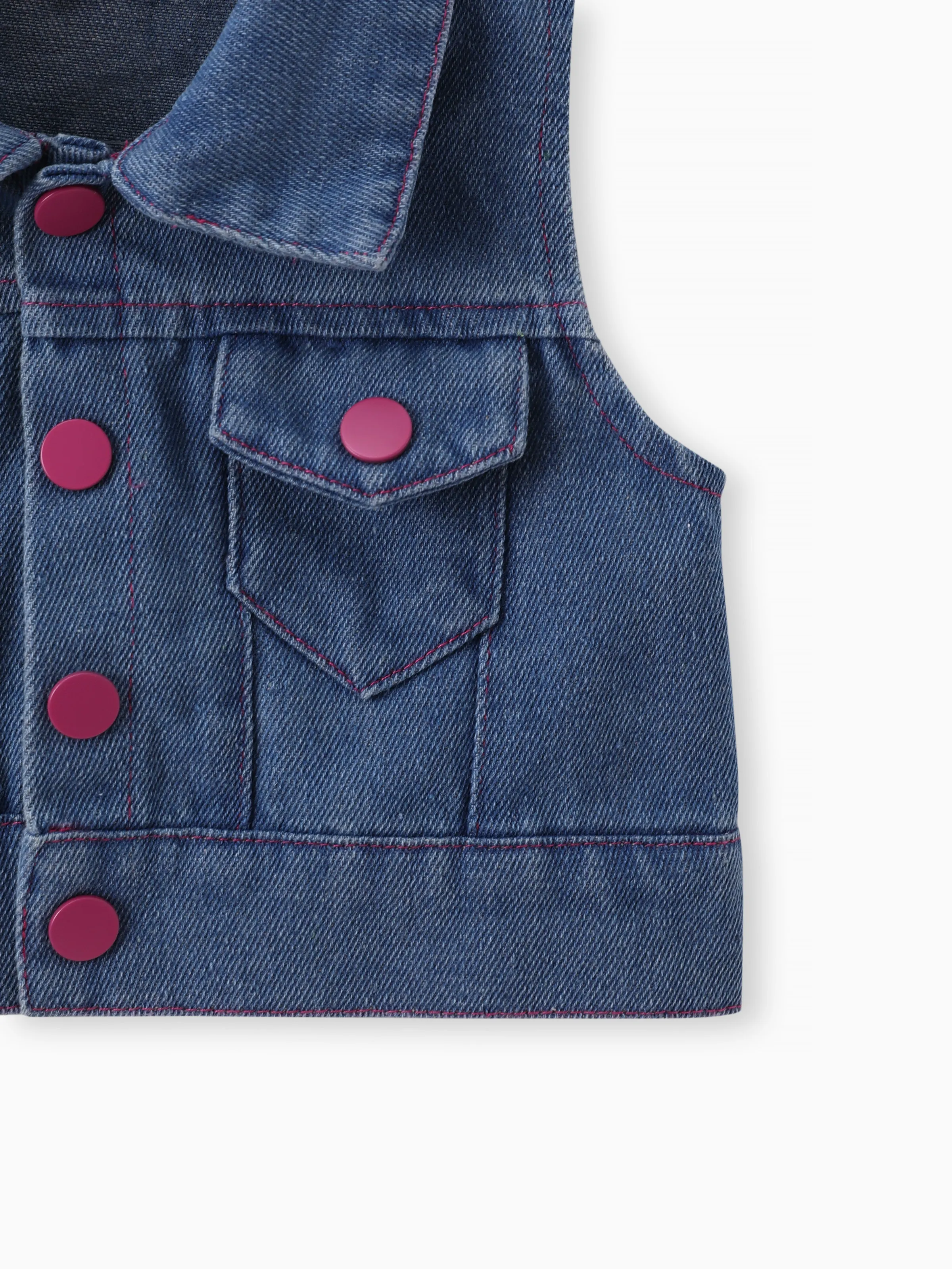 2pcs Baby Girl Solid Rib-knit Romper and Button Up Front Vest Denim Jacket Set Hot Pink - Image 7