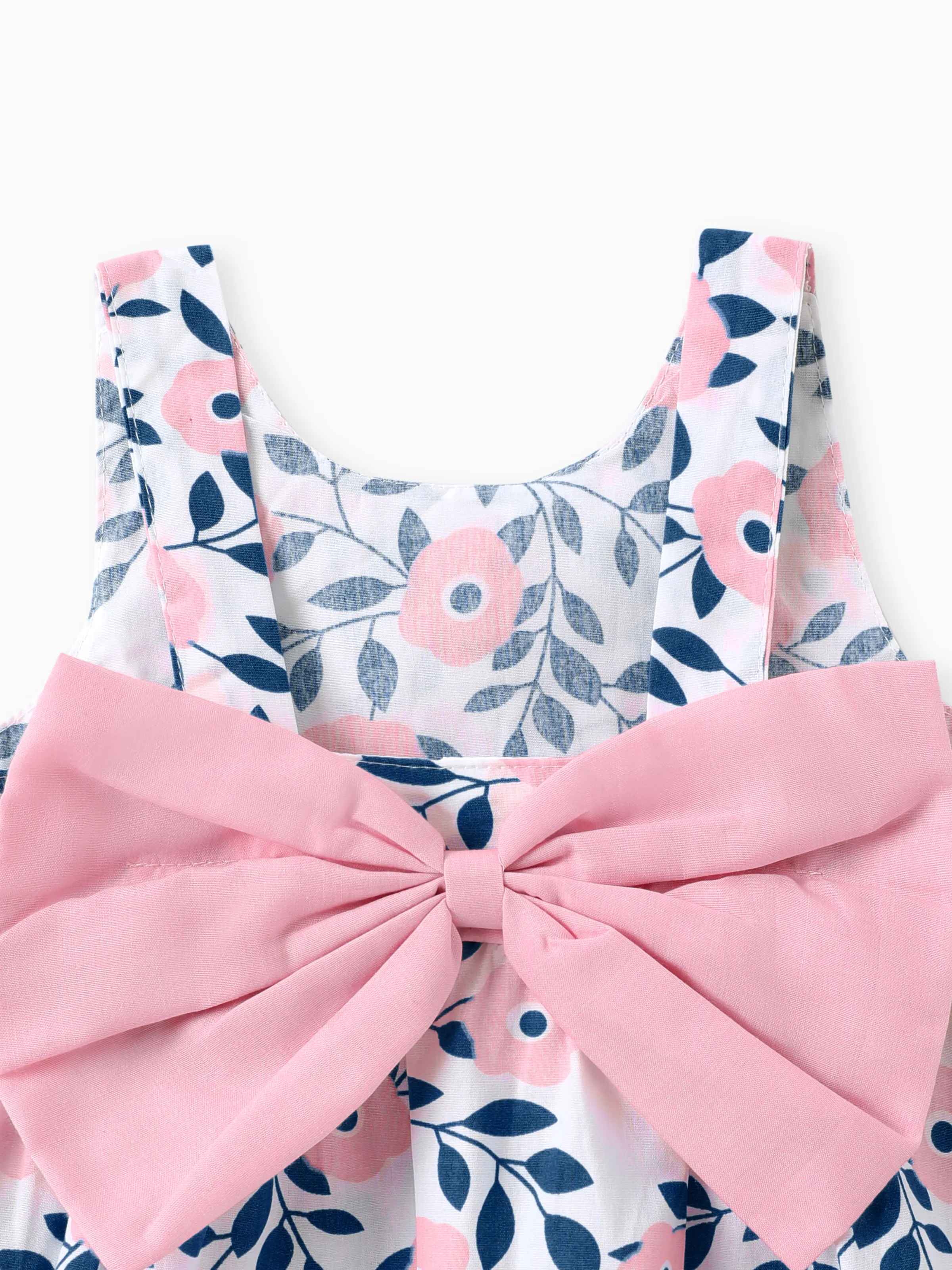 2pcs Floral Print Bowknot Sleeveless Baby Dress & Hat Set Pink - Image 2