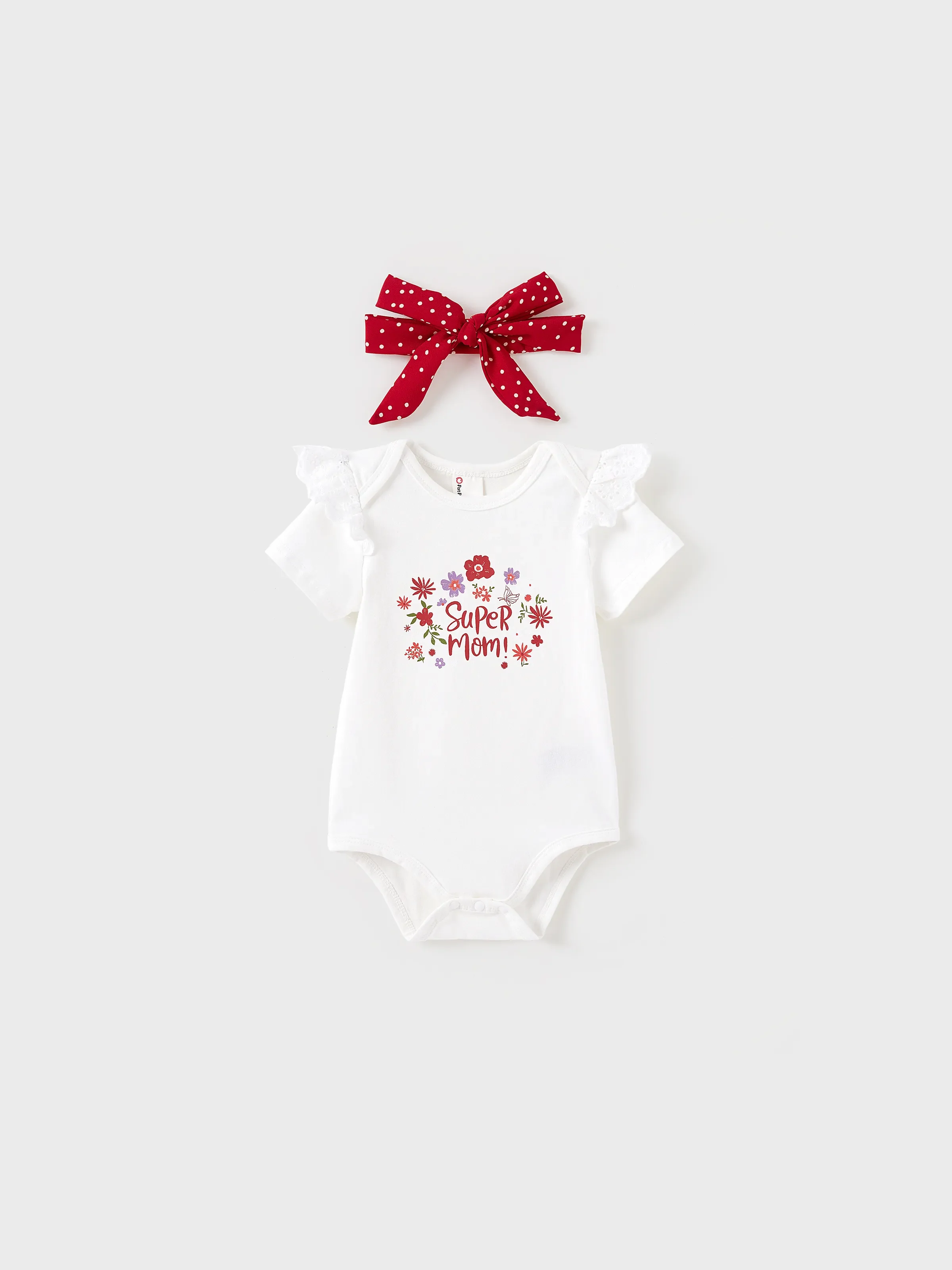 3-Piece Baby Girl Letter Print Romper and Polka dots Shorts and Headband Set Red - Image 3