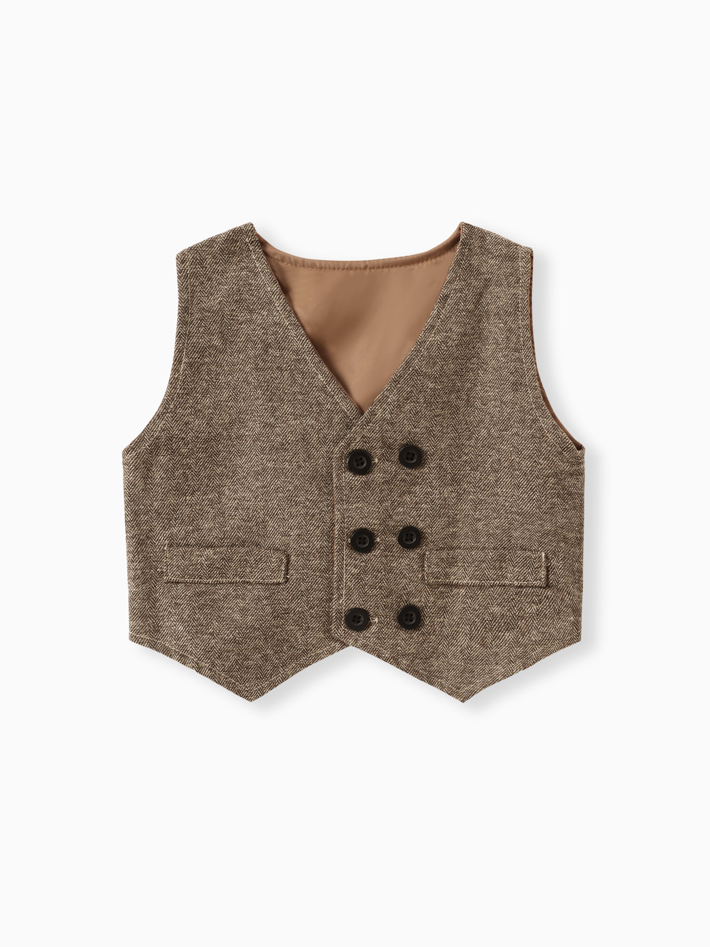 3PCS Baby Boy Elegant Grid/Houndstooth Shirt Collar Long Sleeve Set Brown - Image 4
