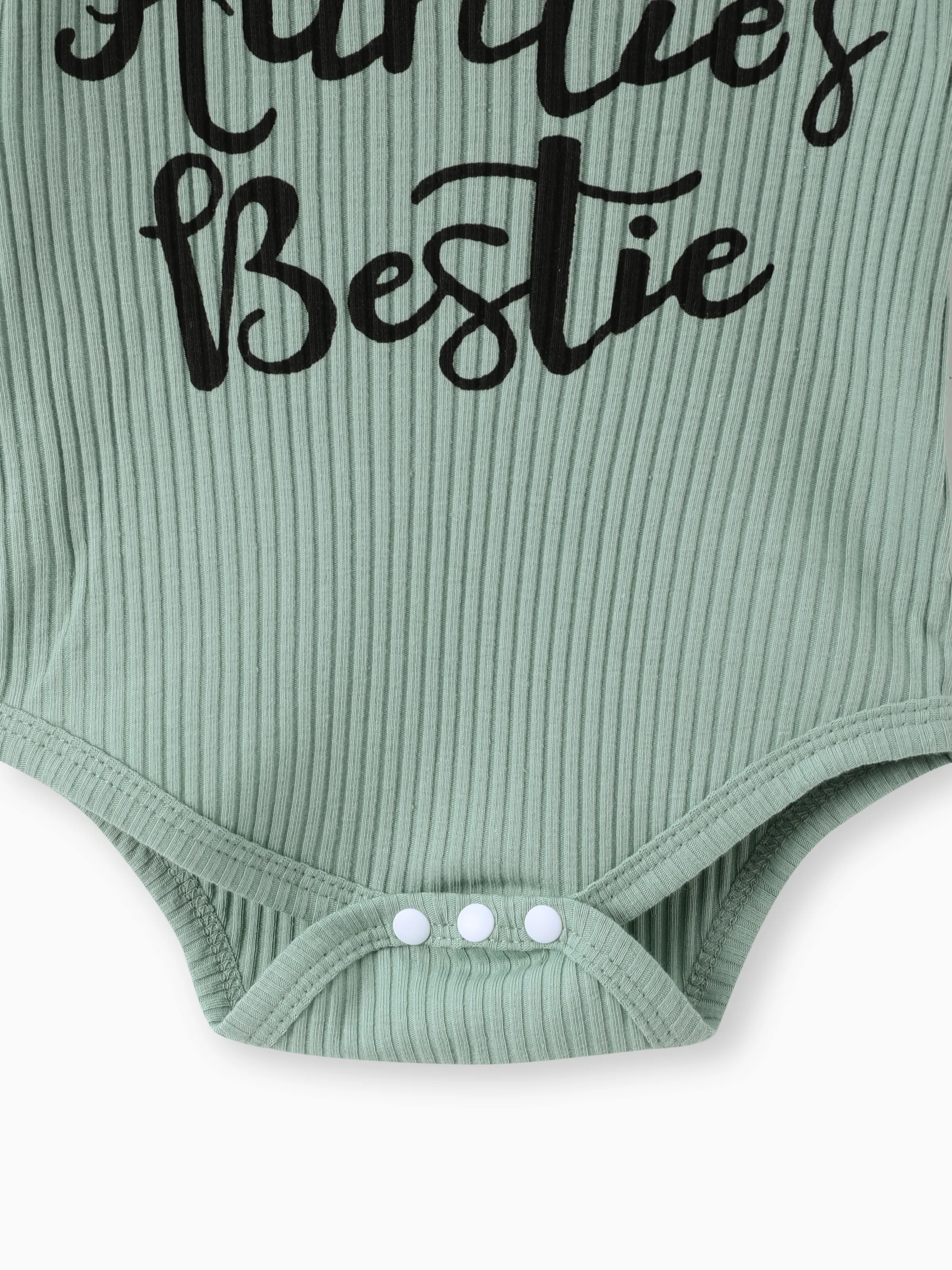 3pcs Baby Girl 100% Cotton Belted Ripped Denim Skirt and Letter Print Ribbed Flutter-sleeve Romper & Headband Set Light bean green - Image 6
