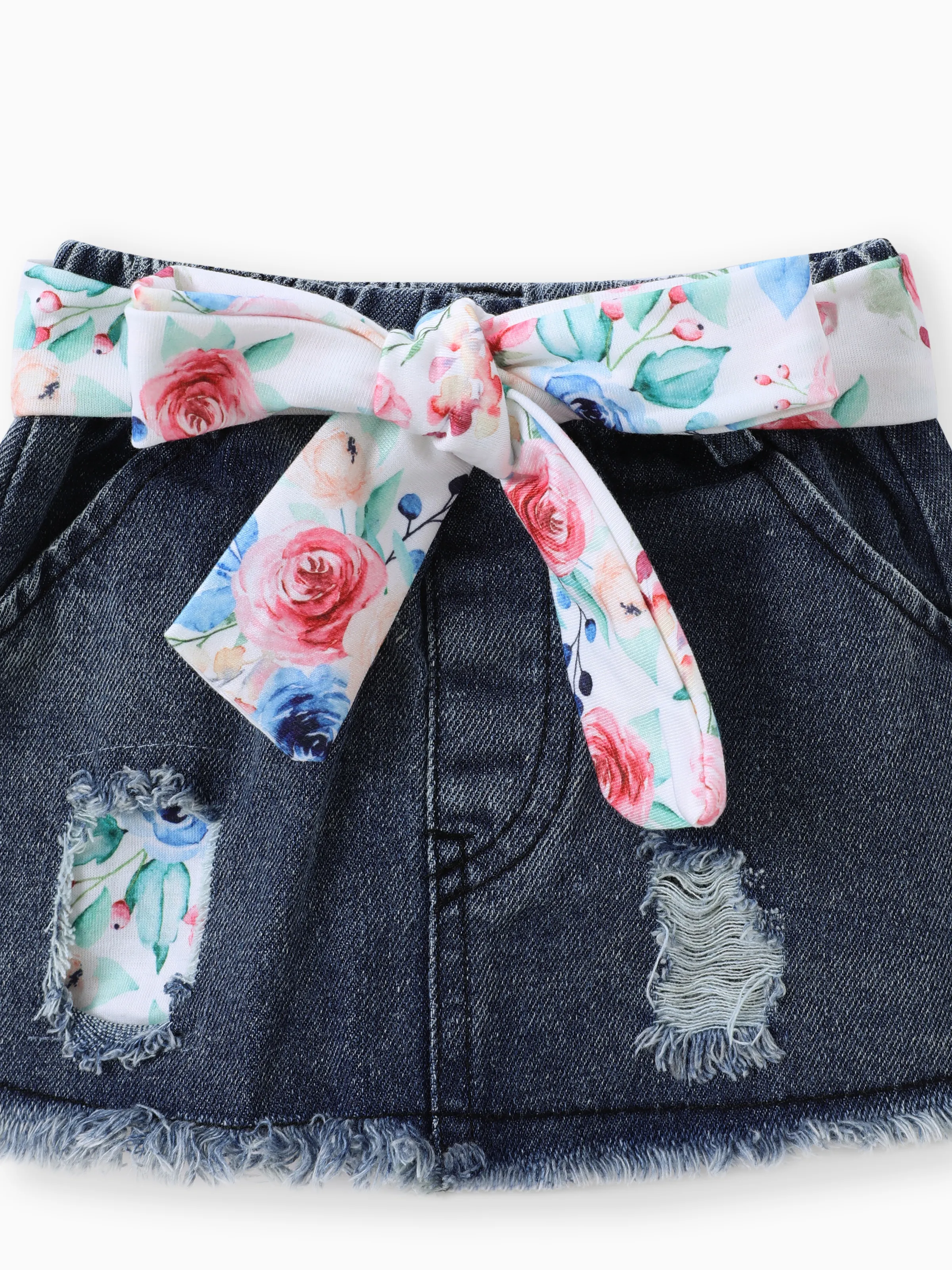 3pcs Baby Girl 100% Cotton Belted Ripped Denim Skirt and Letter Print Ribbed Flutter-sleeve Romper & Headband Set Light bean green - Image 8