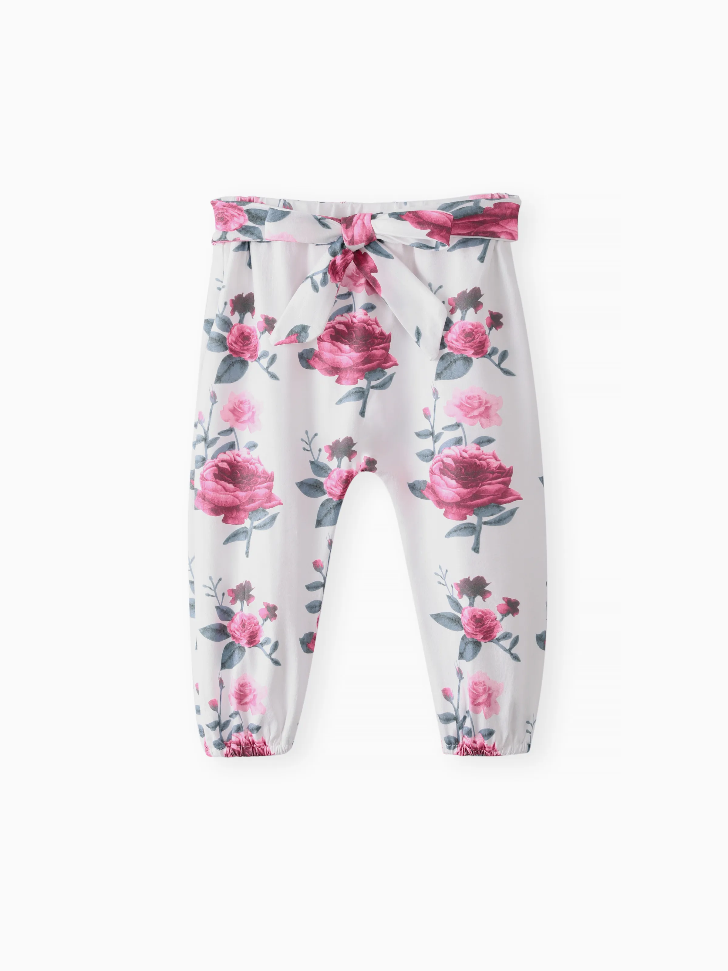 3pcs Baby Girl 95% Cotton Ruffle Long-sleeve Romper and Floral Print Pants with Headband Set Deep Magenta - Image 3