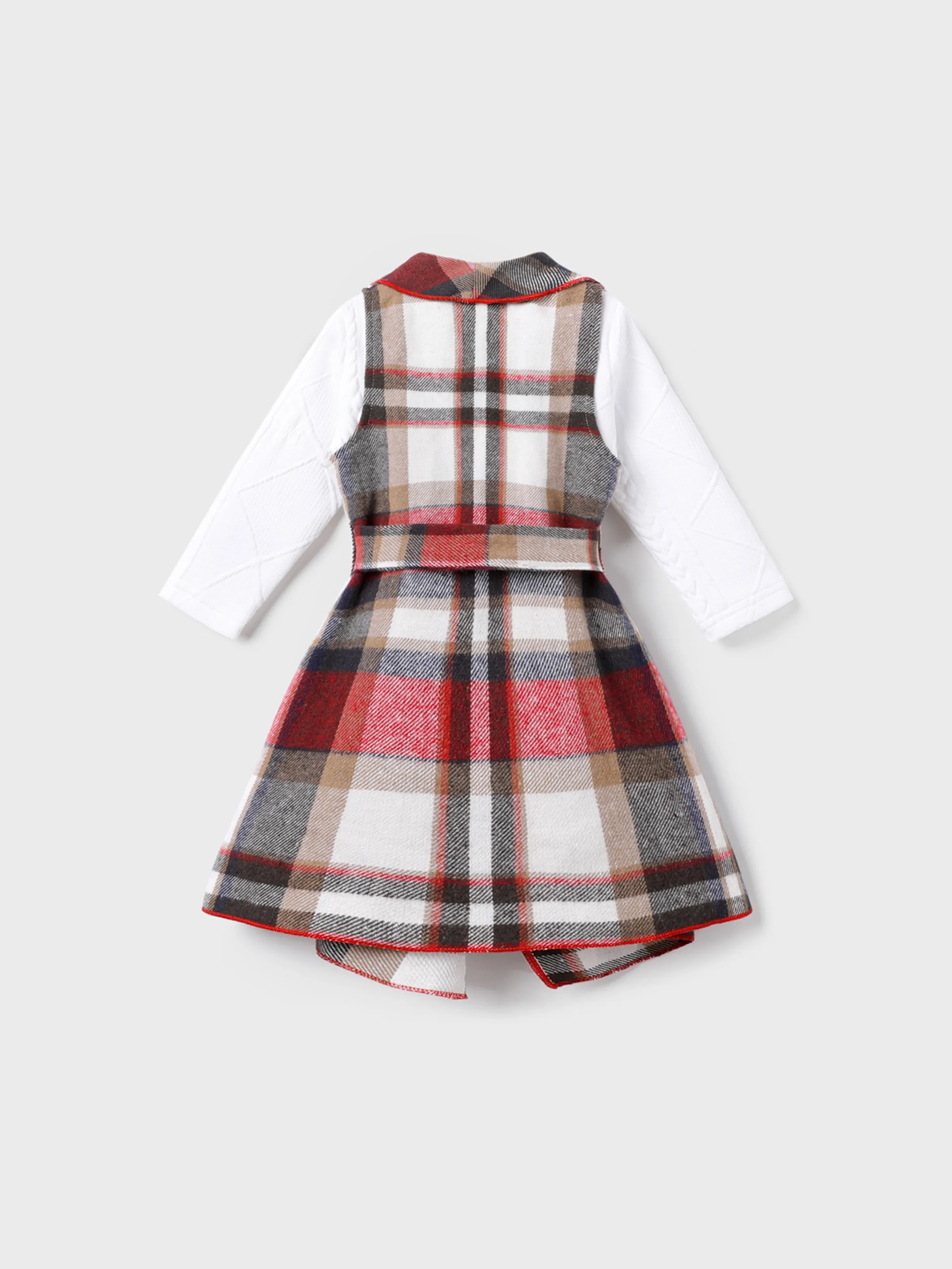 3PCS Toddler Girl Asymmetrical Hemline Classic Grid Dress Set Red - Image 2