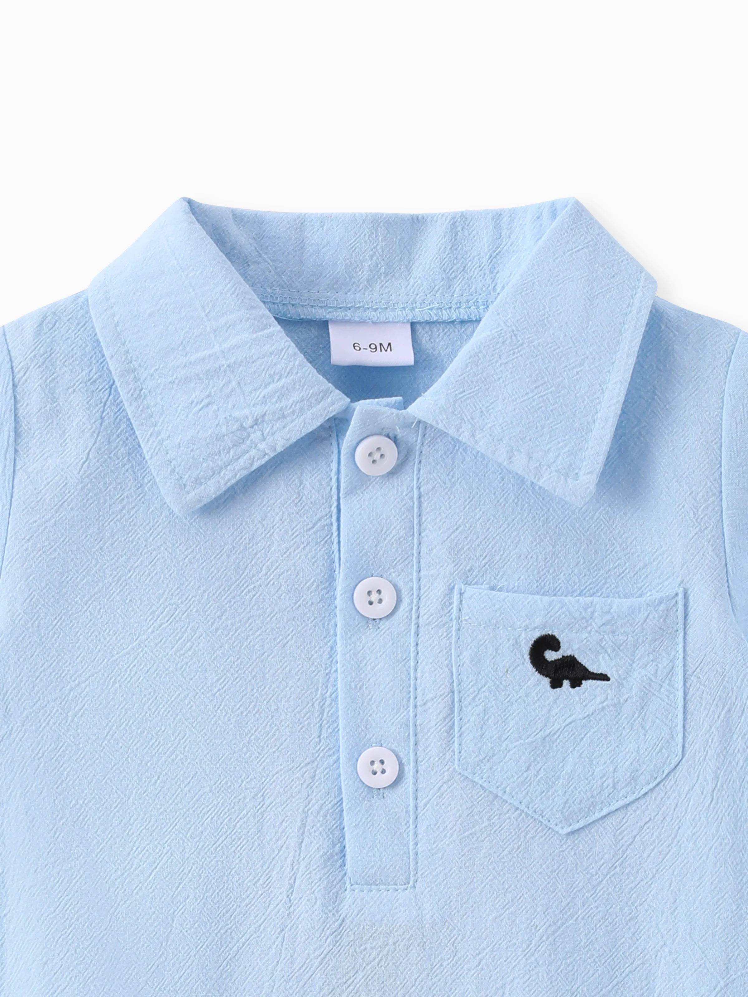 Baby Boy 100% Cotton Front Buttons Pocket with Dinosaur Pattern Lapel Neck Solid Jumpsuit Blue - Image 2