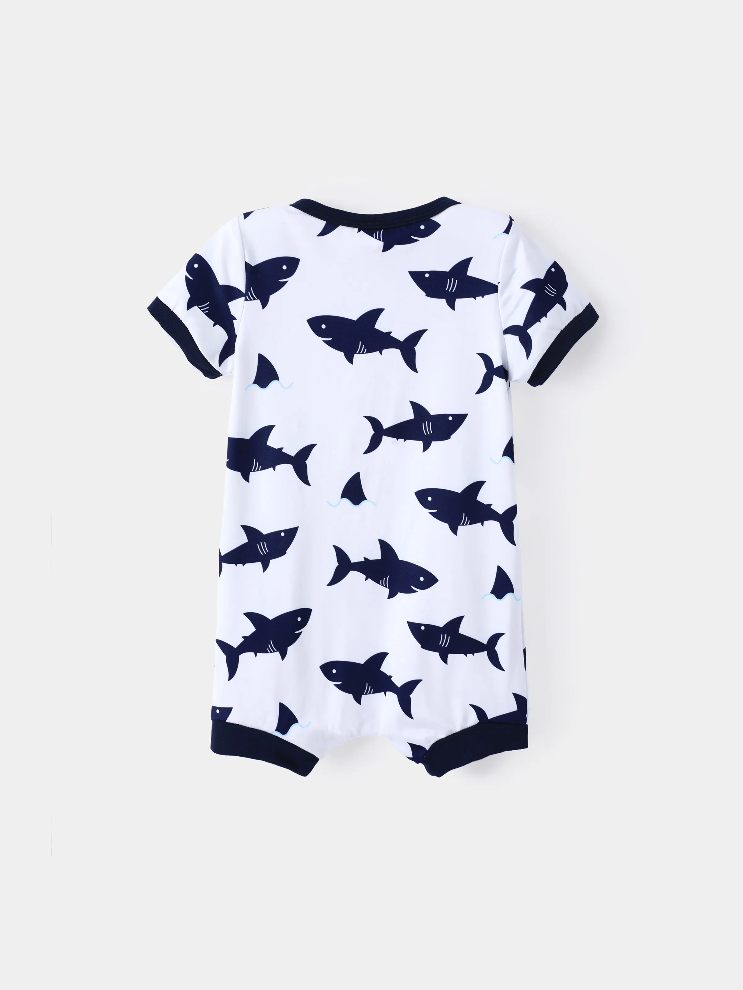 Baby Boy Print/Striped Short-sleeve Snap Romper Dark Blue+white - Image 3