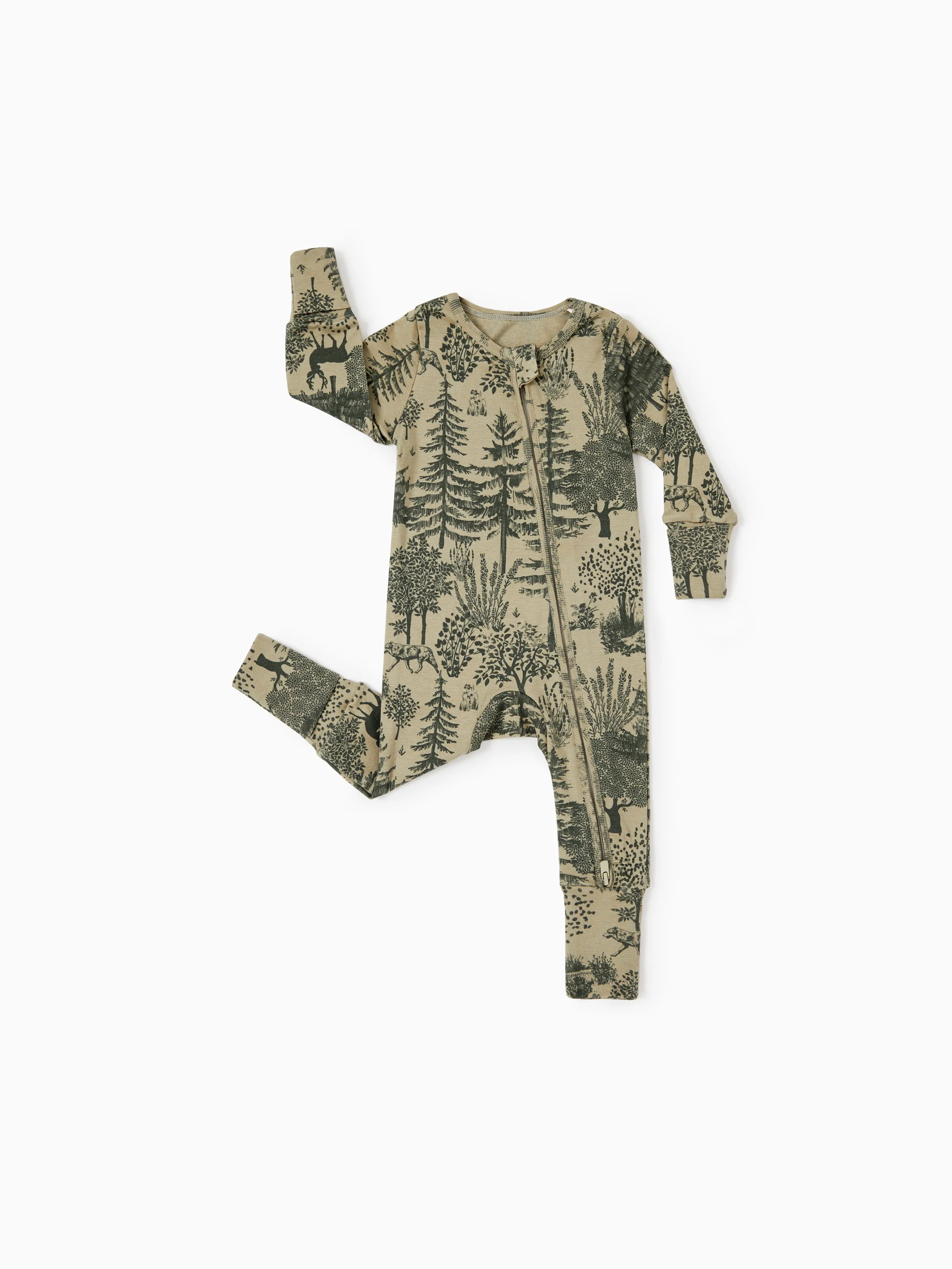 Baby Boy/Girl Plant Print Zip-up Snug-Fitting Wool Pajamas Green - Image 3