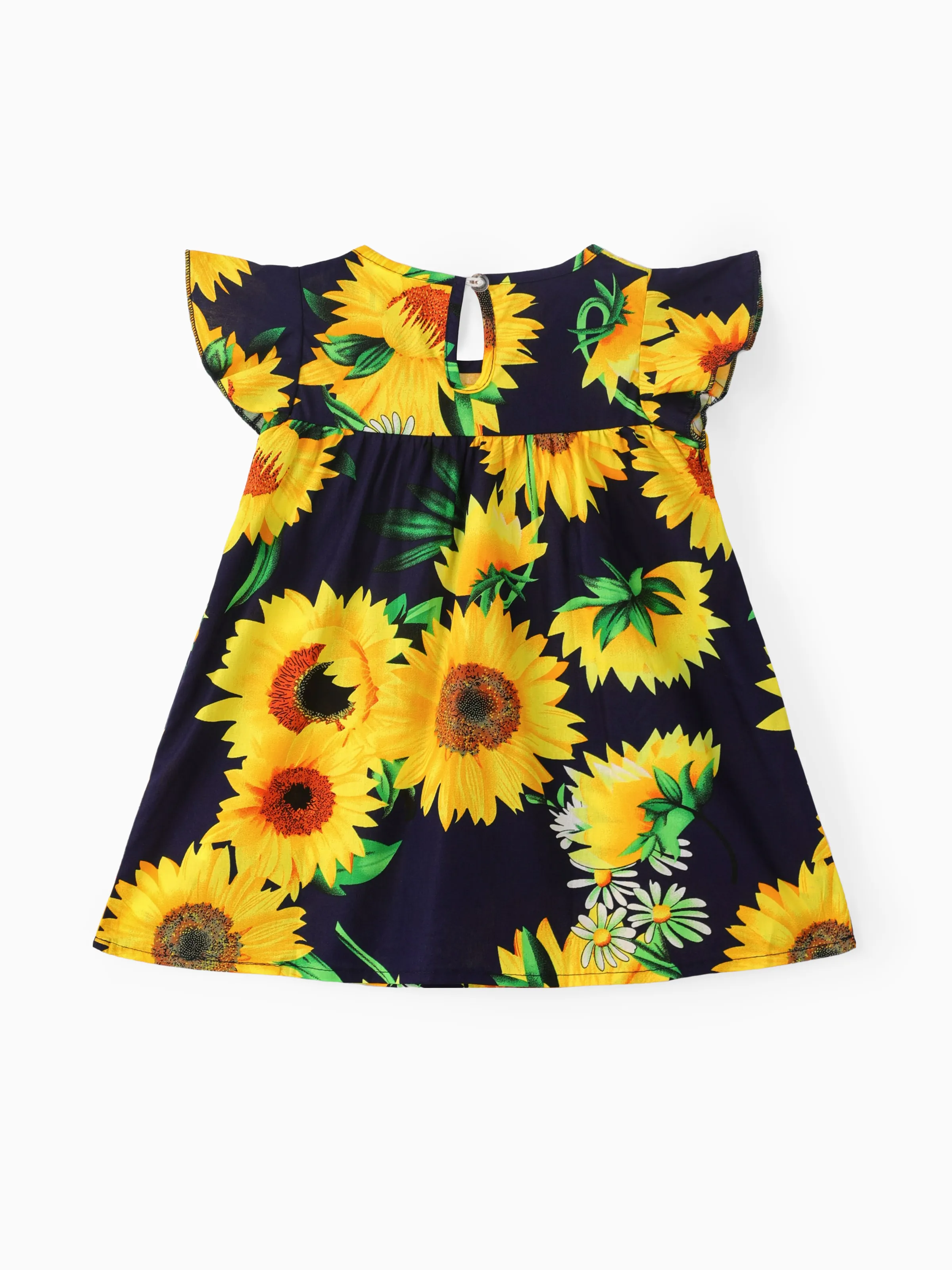 Baby Girl 100% Cotton Cotton Sunflower Print Flutter-sleeve Dress Dark Blue - Image 2