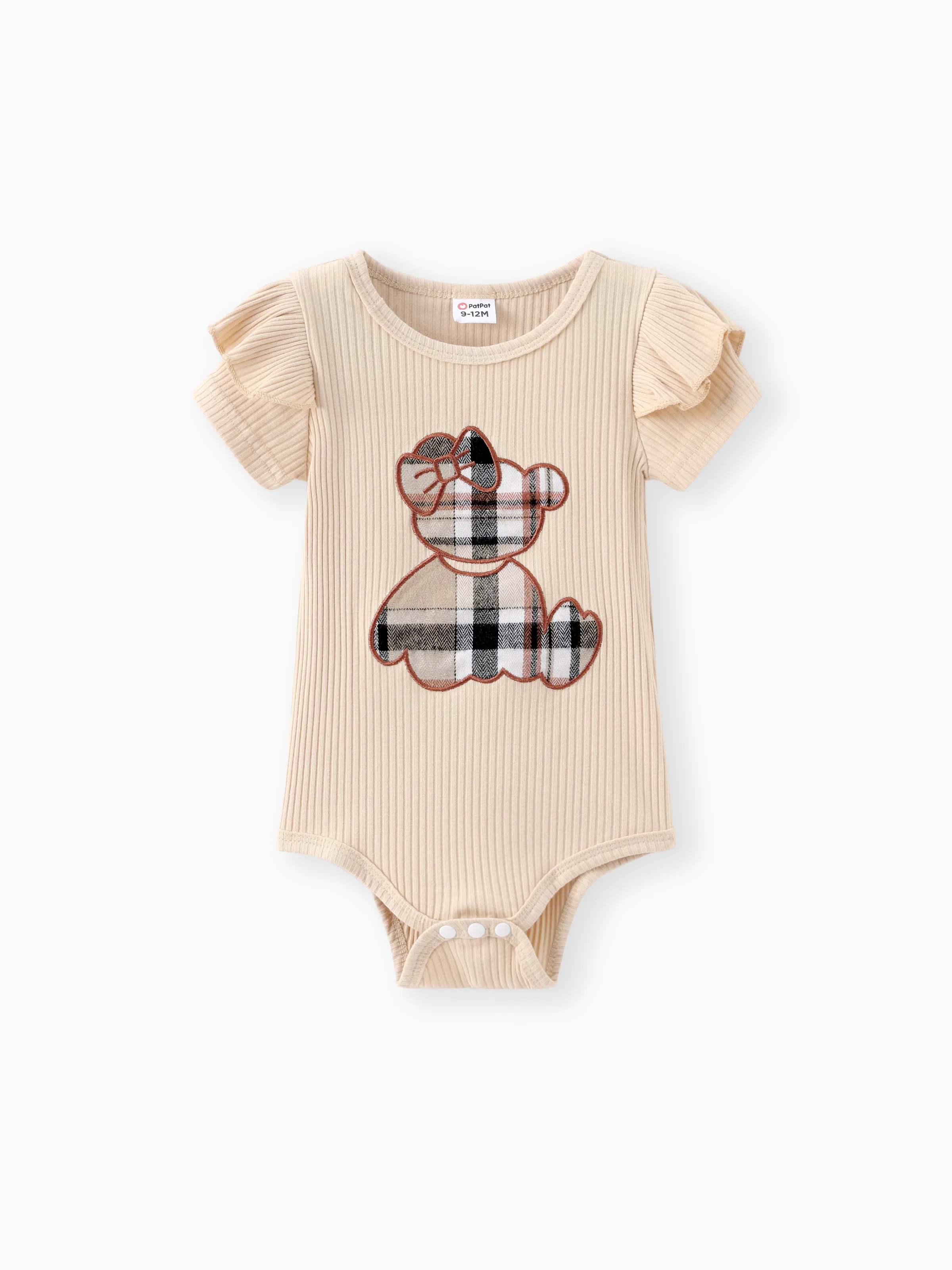 Baby Girl 3pcs Bear Style Embroidered Ruffled Romper and Plaid Skirt with Headband Set Beige - Image 3