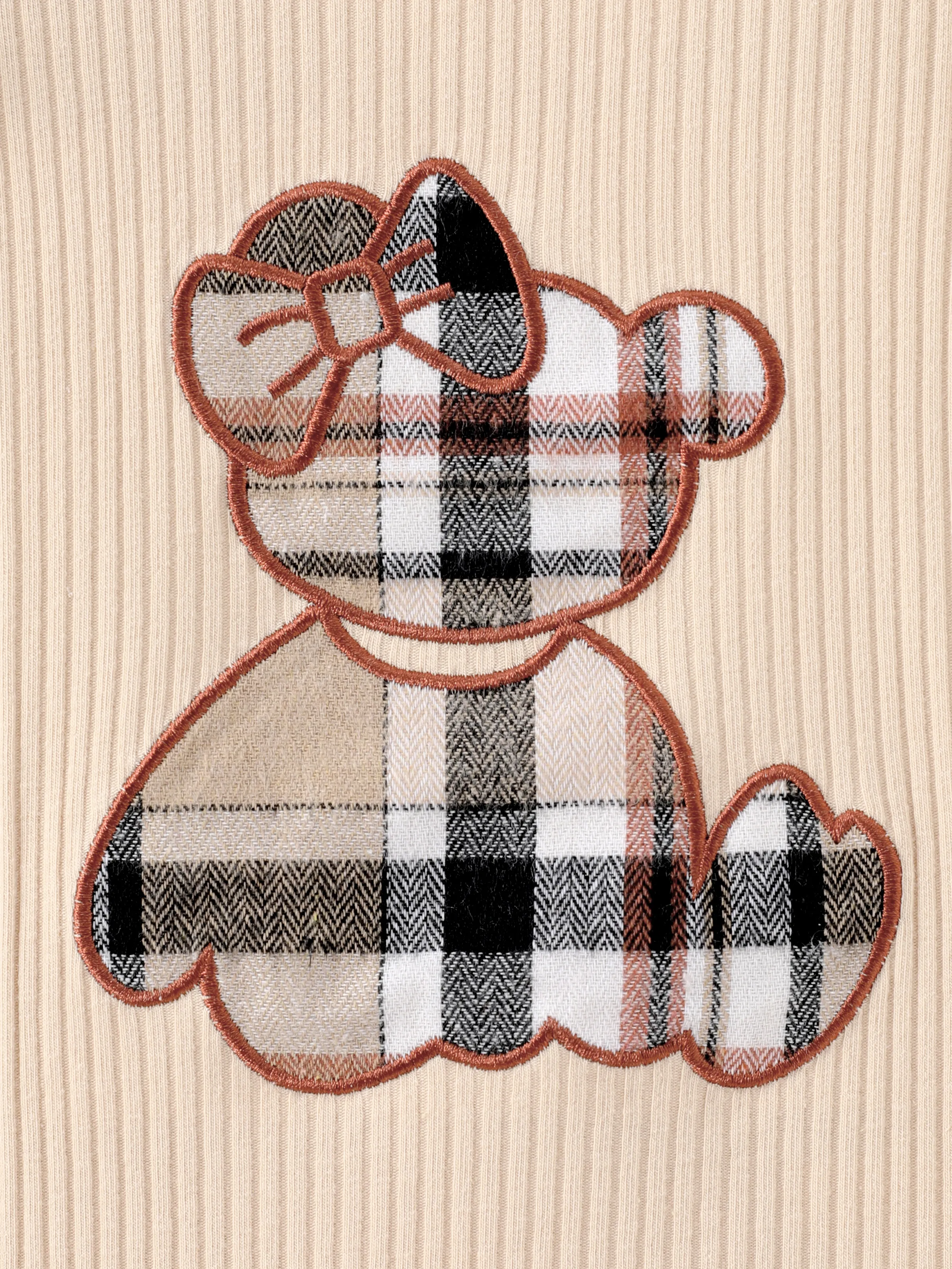 Baby Girl 3pcs Bear Style Embroidered Ruffled Romper and Plaid Skirt with Headband Set Beige - Image 8