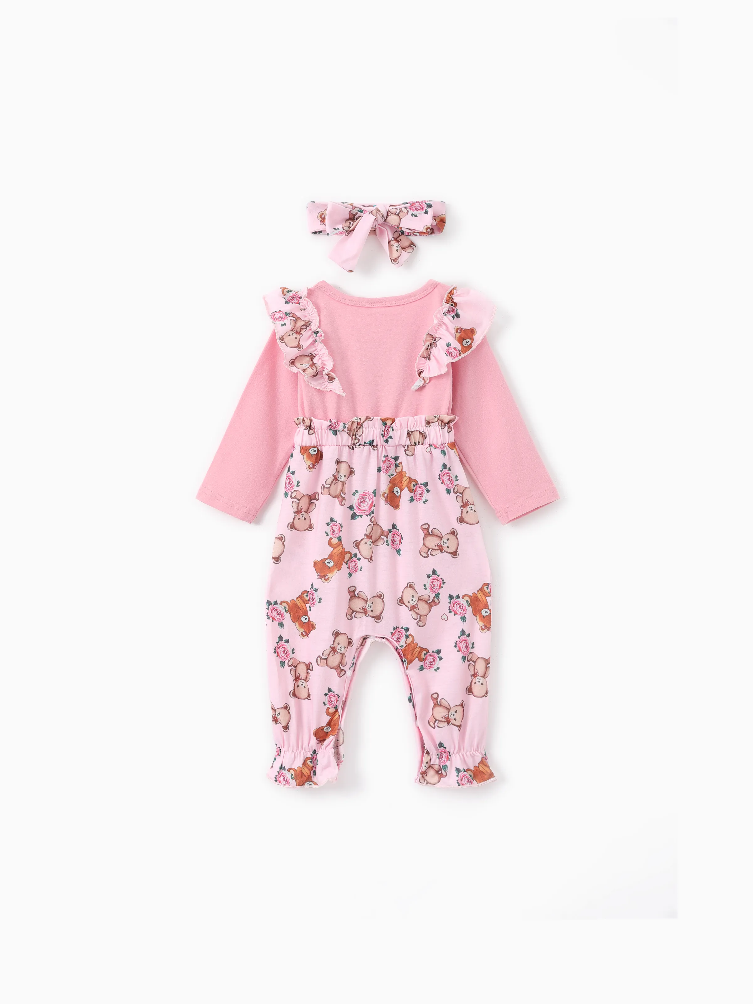 Baby Girl Bear Style Embroidered Floral Jumpsuit Pink - Image 3