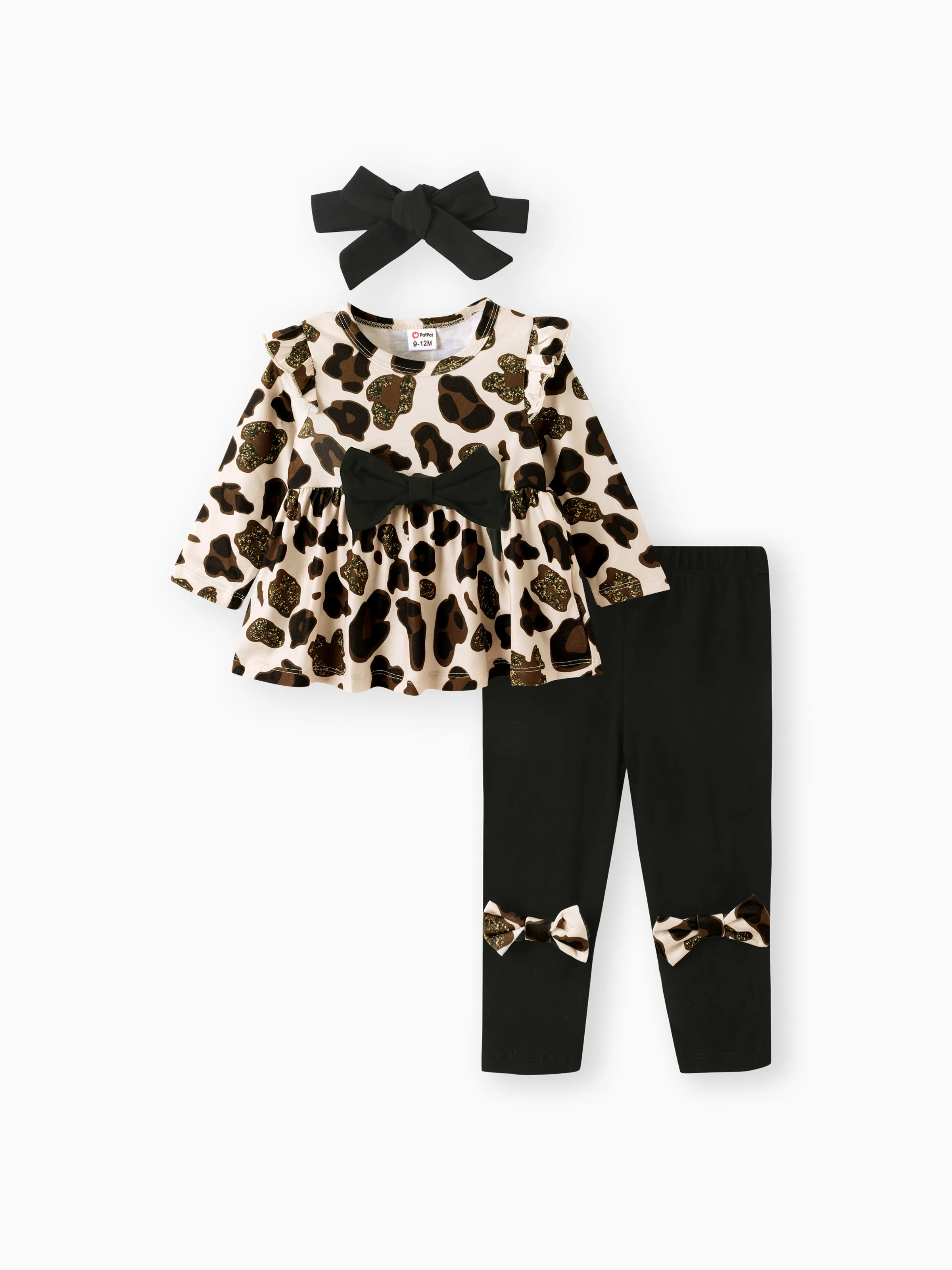 Baby Girl Clothes 3pcs Leopard Ruffle Top and Leggings with Headband Set Apricot - Image 2