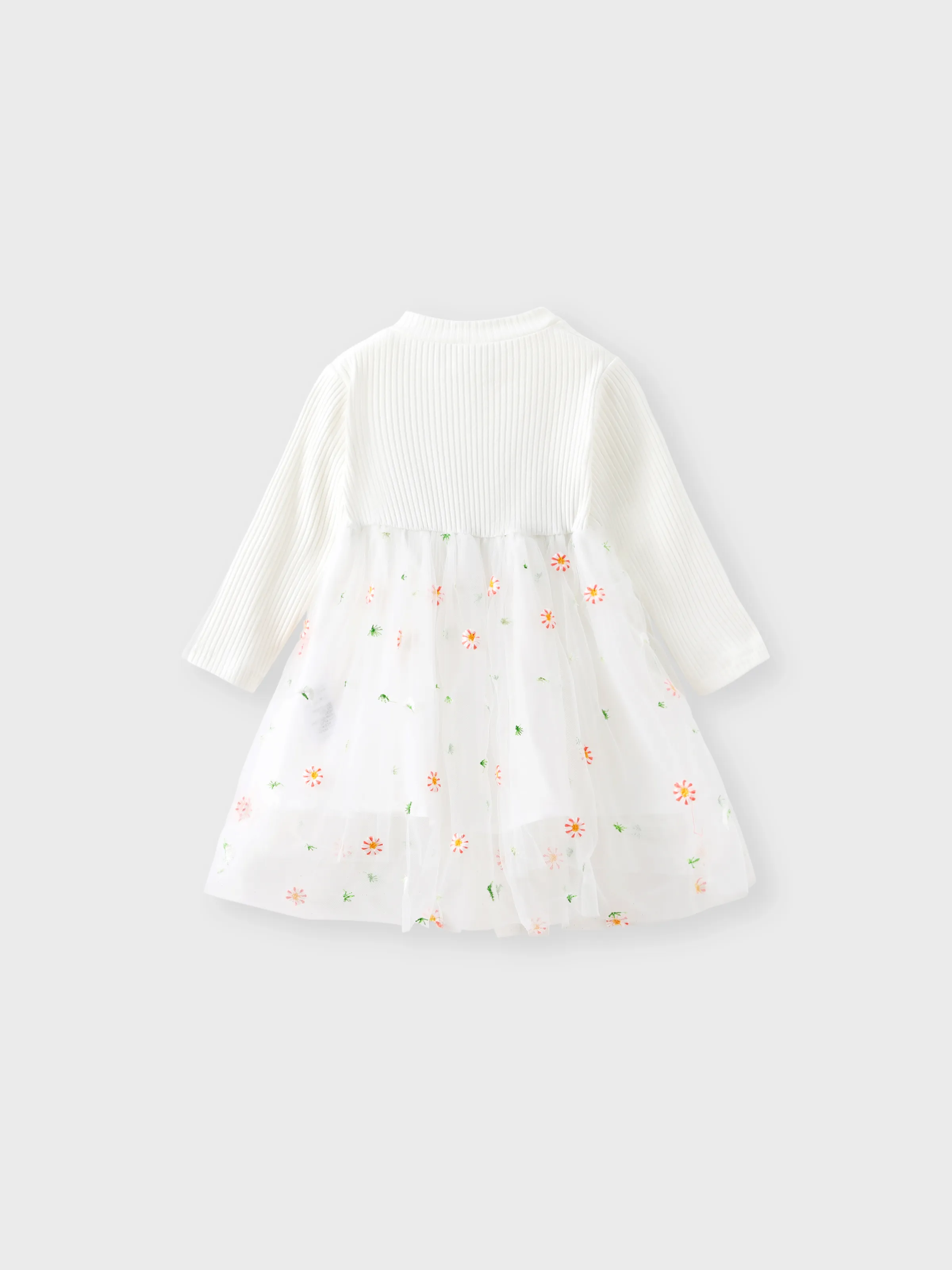 Baby Girl White Ribbed Long-sleeve Splicing Floral Embroidered Mesh Fairy Dress White - Image 6