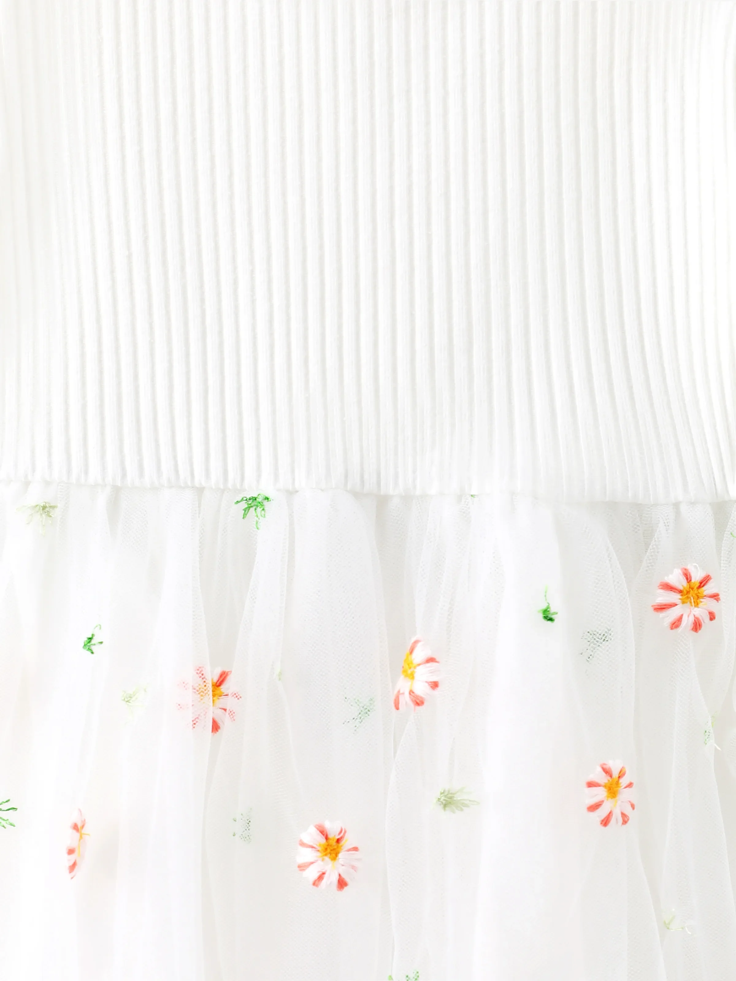 Baby Girl White Ribbed Long-sleeve Splicing Floral Embroidered Mesh Fairy Dress White - Image 8
