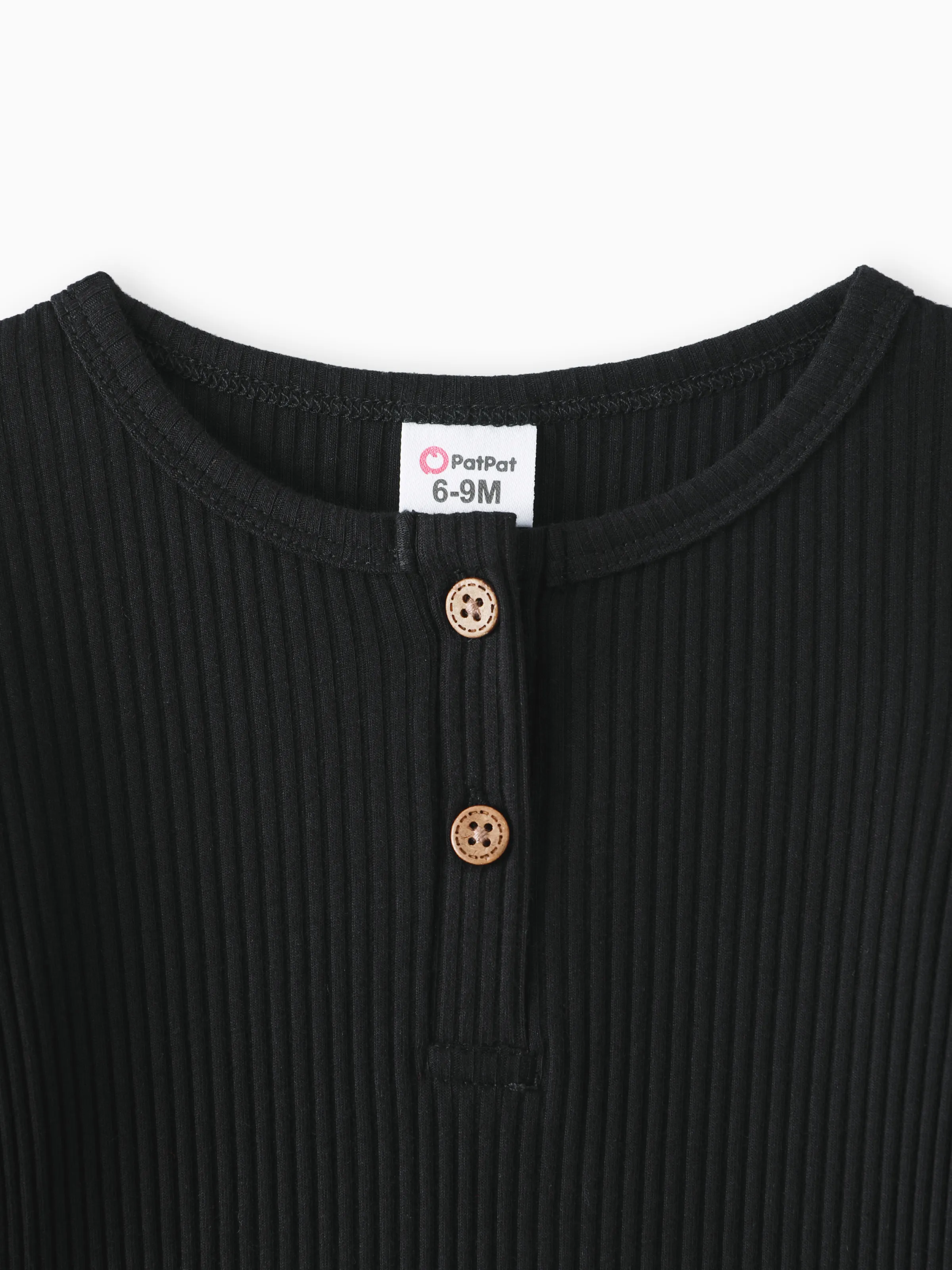 Baby Girl/Boy Cotton Button Design Solid Color Ribbed Long-sleeve Rompers Black - Image 3