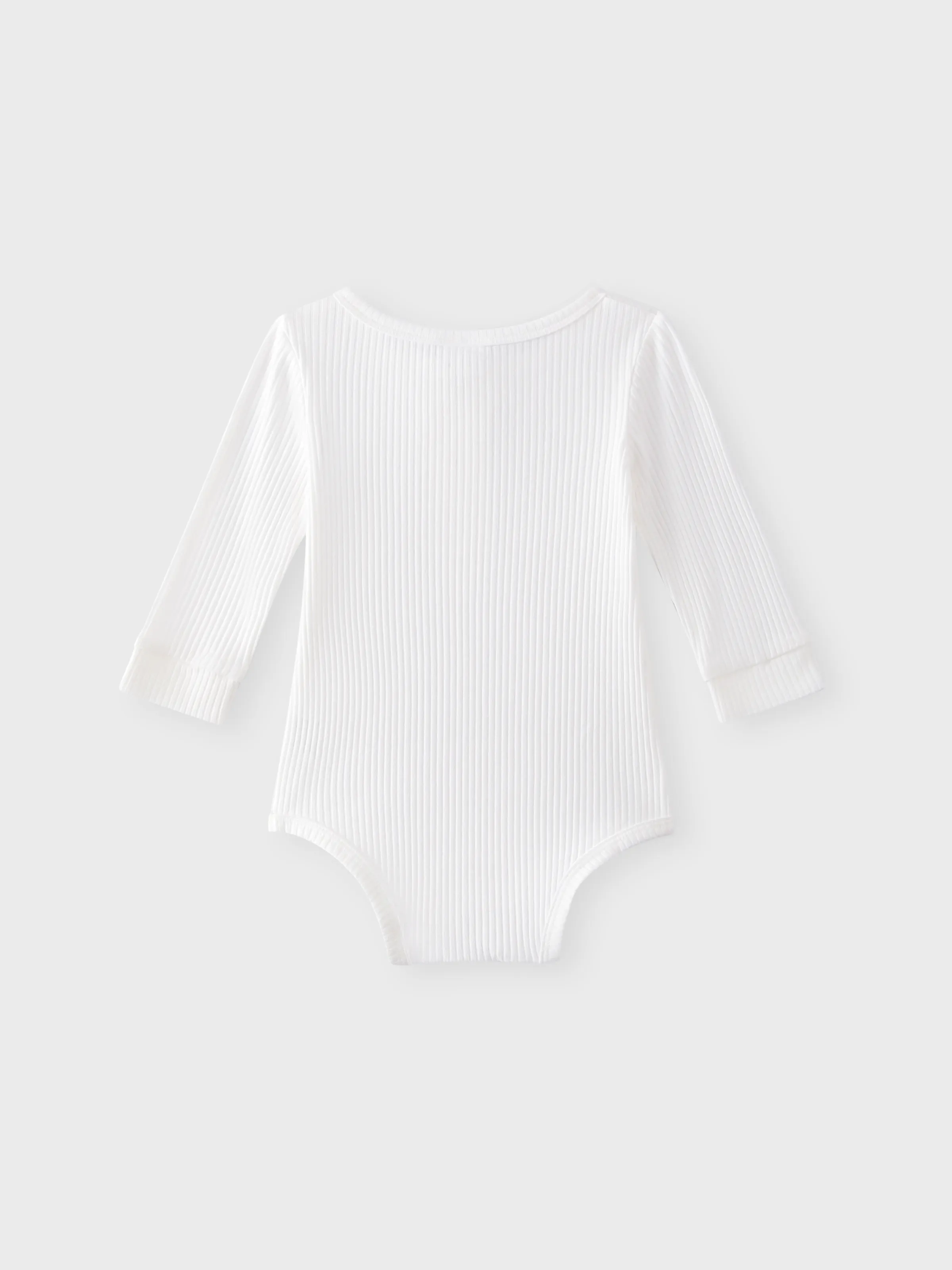 Baby Girl/Boy Cotton Button Design Solid Color Ribbed Long-sleeve Rompers White - Image 2