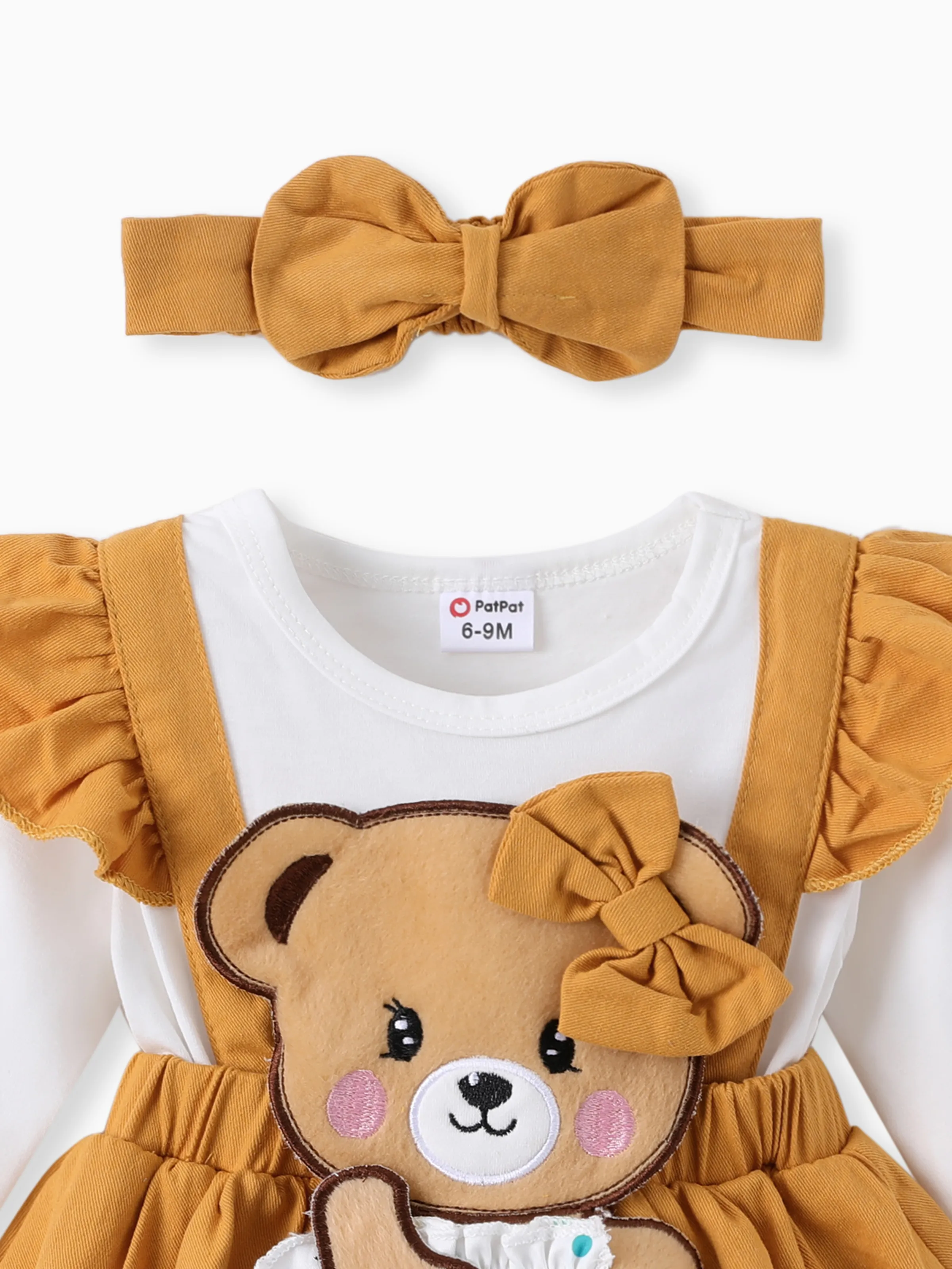Baby Girl Clothes Bear Style Embroidered Romper with Headband Ginger - Image 3