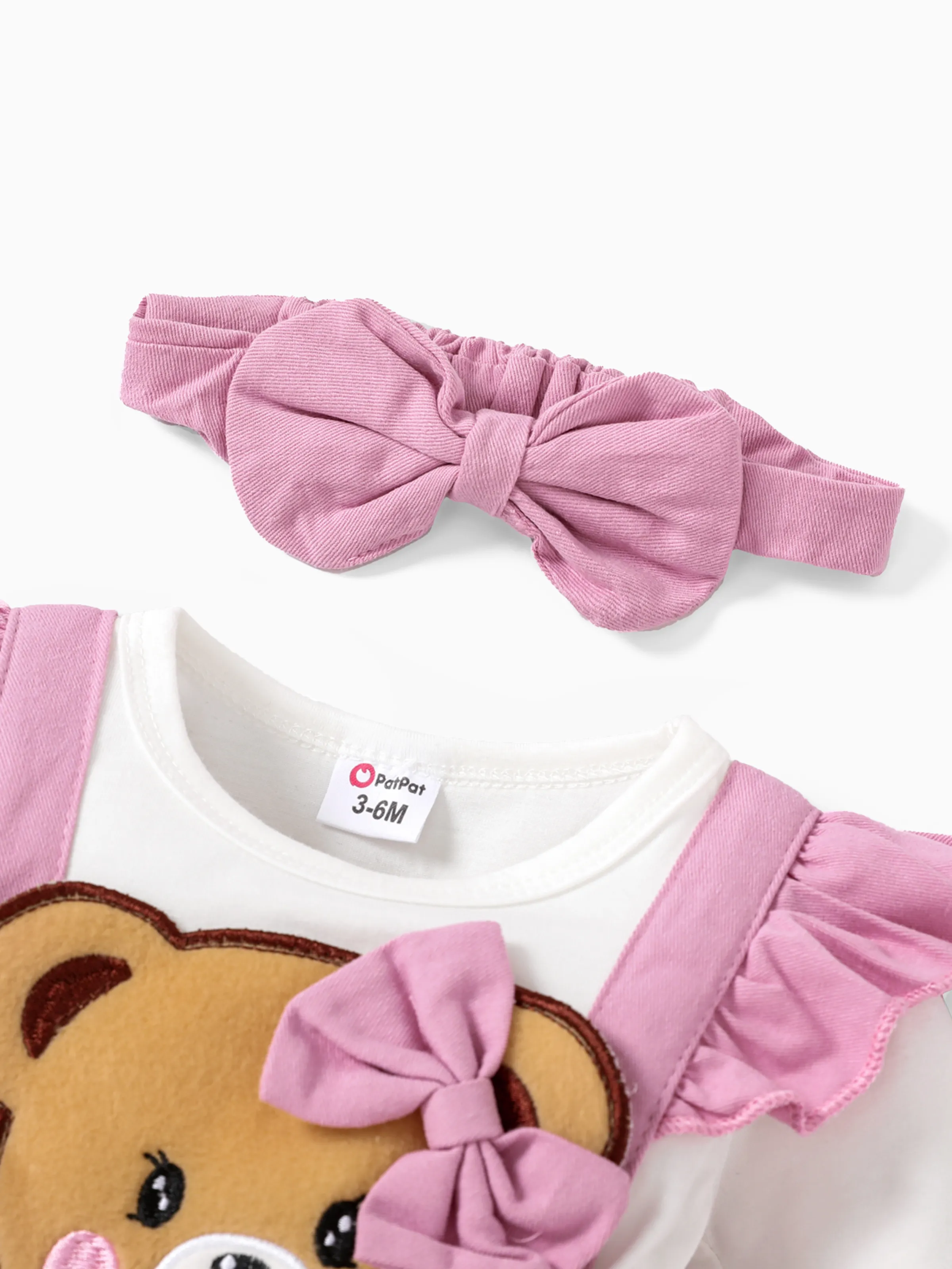 Baby Girl Clothes Bear Style Embroidered Romper with Headband Pink - Image 3