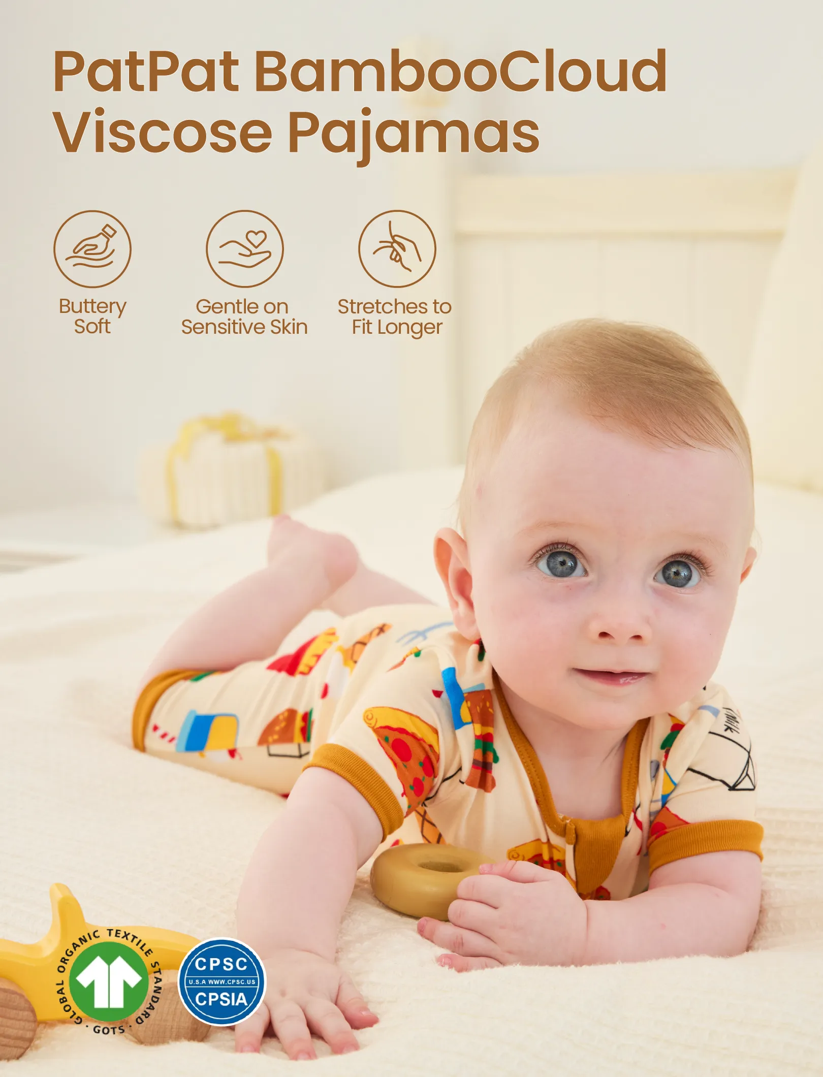 Bamboo Baby Boy / Girl 2-Way Zip Onesies Anti Slip Childlike Food Pattern Bamboo Sleepwear (Snug-Fitting)
 Brown - Image 3