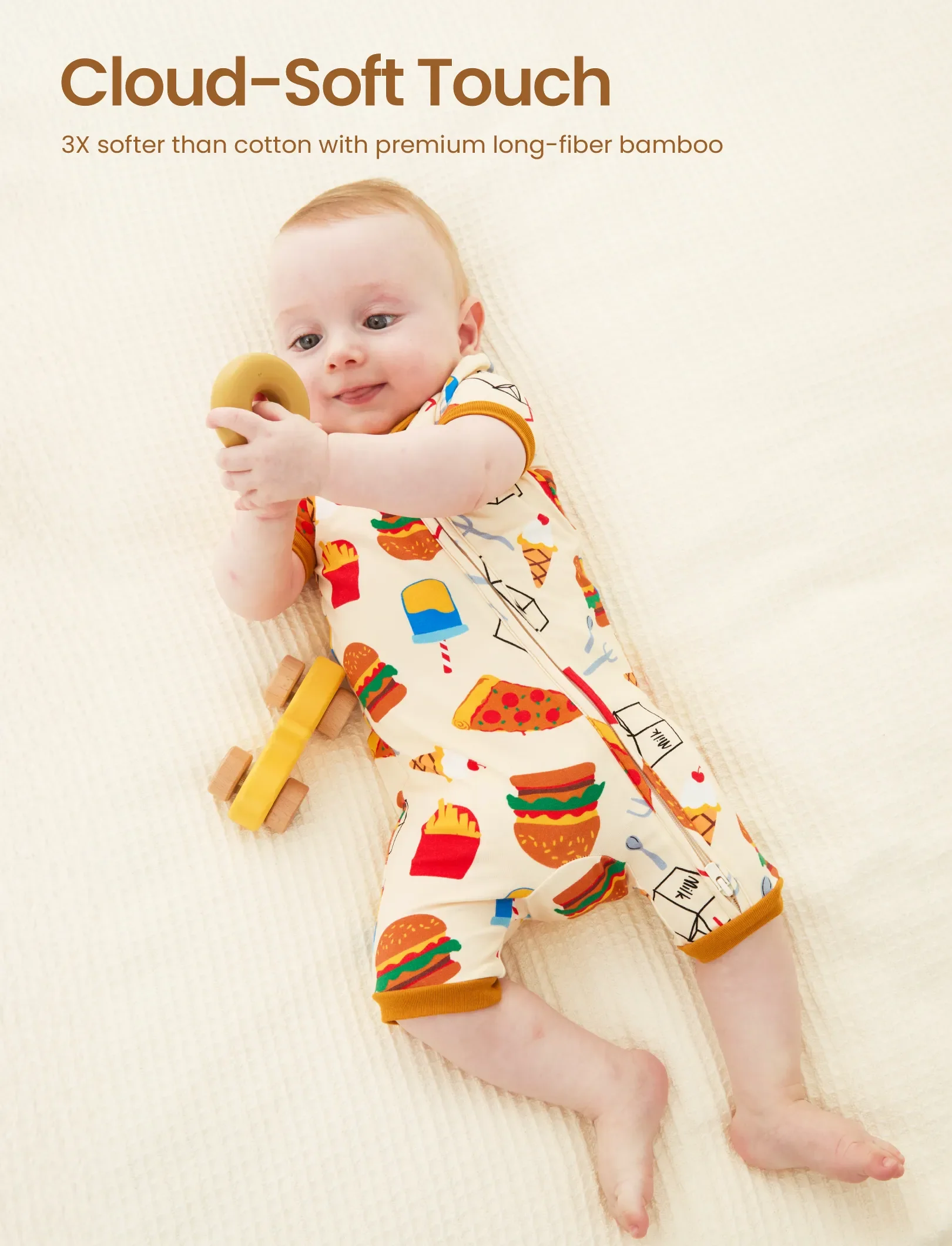 Bamboo Baby Boy / Girl 2-Way Zip Onesies Anti Slip Childlike Food Pattern Bamboo Sleepwear (Snug-Fitting)
 Brown - Image 4