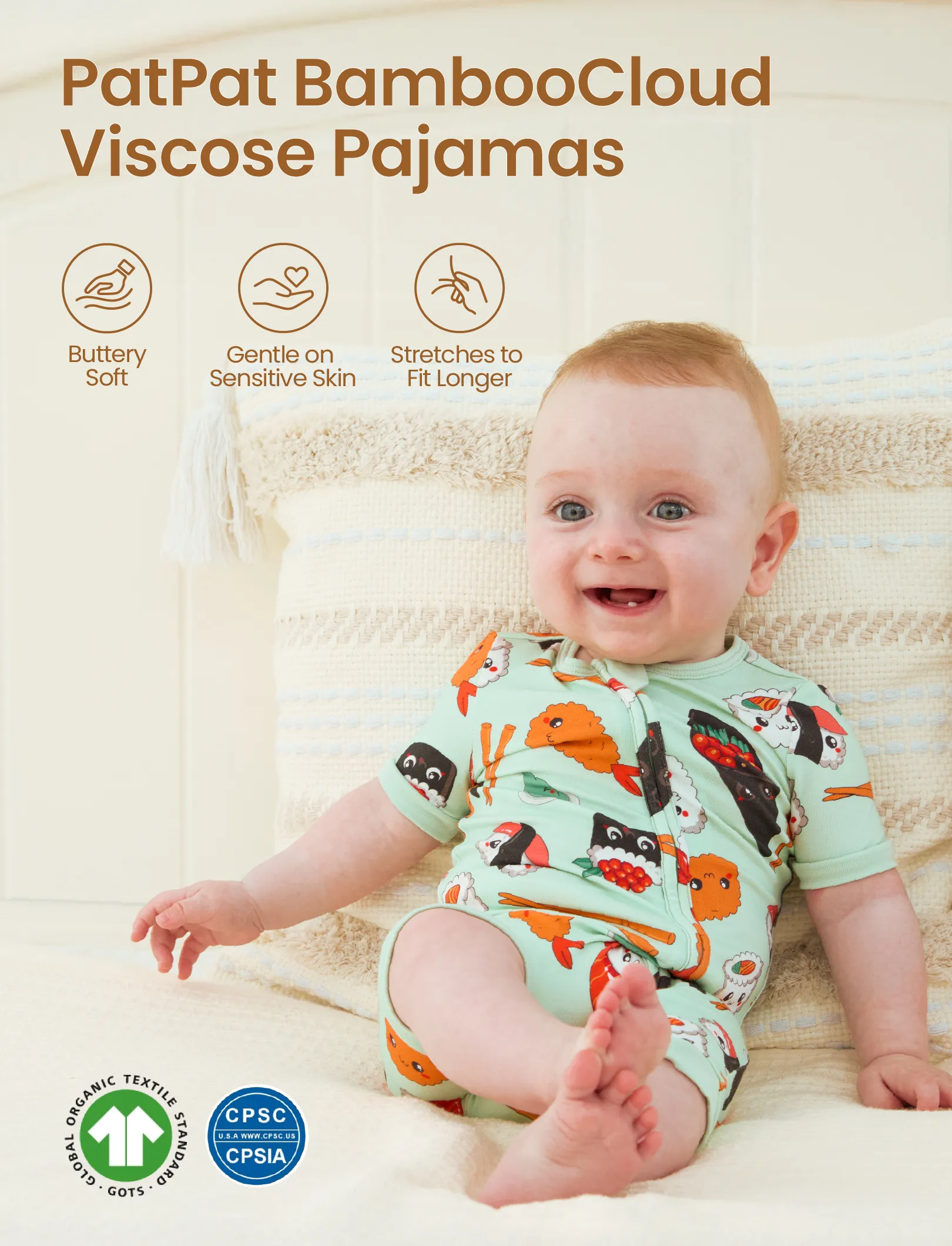 Bamboo Baby Boy / Girl 2-Way Zip Onesies Anti Slip Childlike Food Pattern Bamboo Sleepwear (Snug-Fitting)
 Green - Image 3