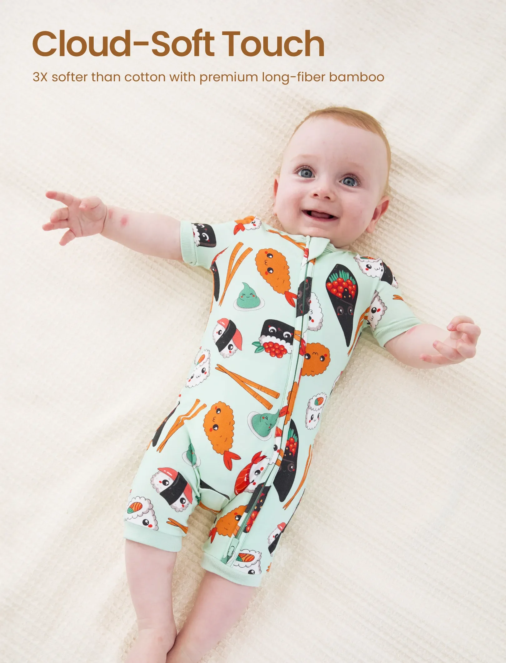 Bamboo Baby Boy / Girl 2-Way Zip Onesies Anti Slip Childlike Food Pattern Bamboo Sleepwear (Snug-Fitting)
 Green - Image 4
