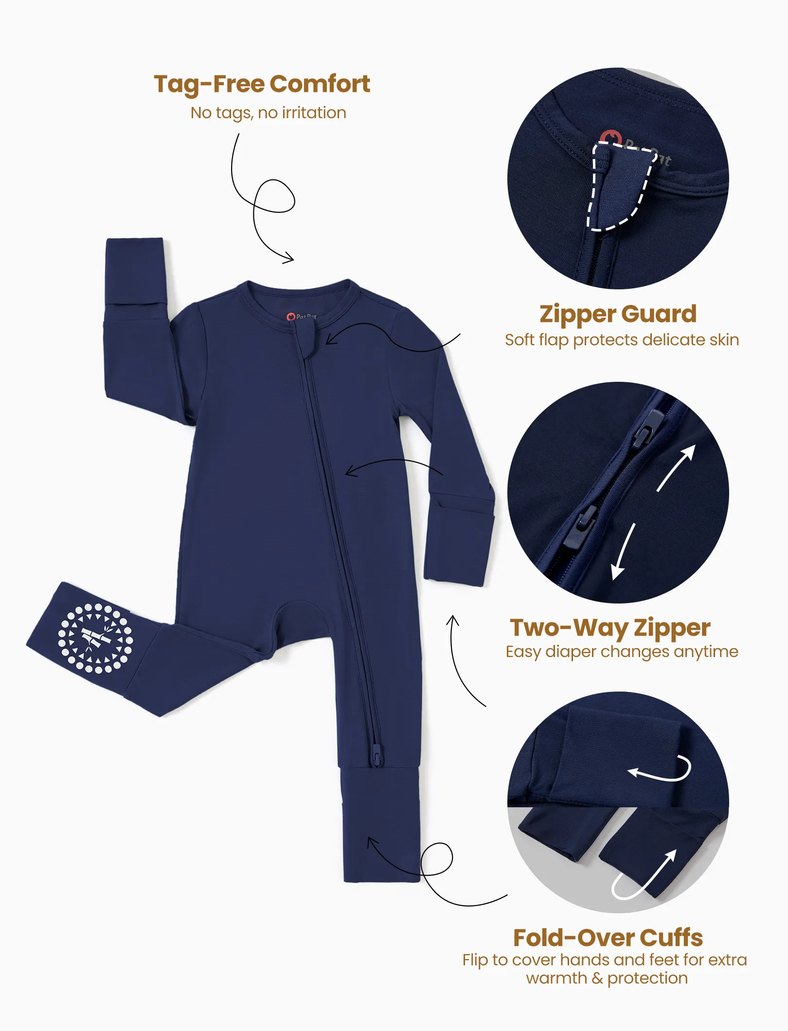 Bamboo Baby Boy / Girl 3-Pack Solid&Rainbow Printed 2-Way Zipper Anti Slip Long-sleeve Footie Dark Blue - Image 7