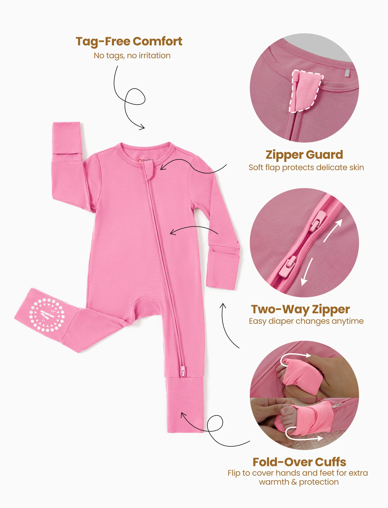 Bamboo Baby Boy / Girl 3-Pack Solid&Rainbow Printed 2-Way Zipper Anti Slip Long-sleeve Footie Pink - Image 7