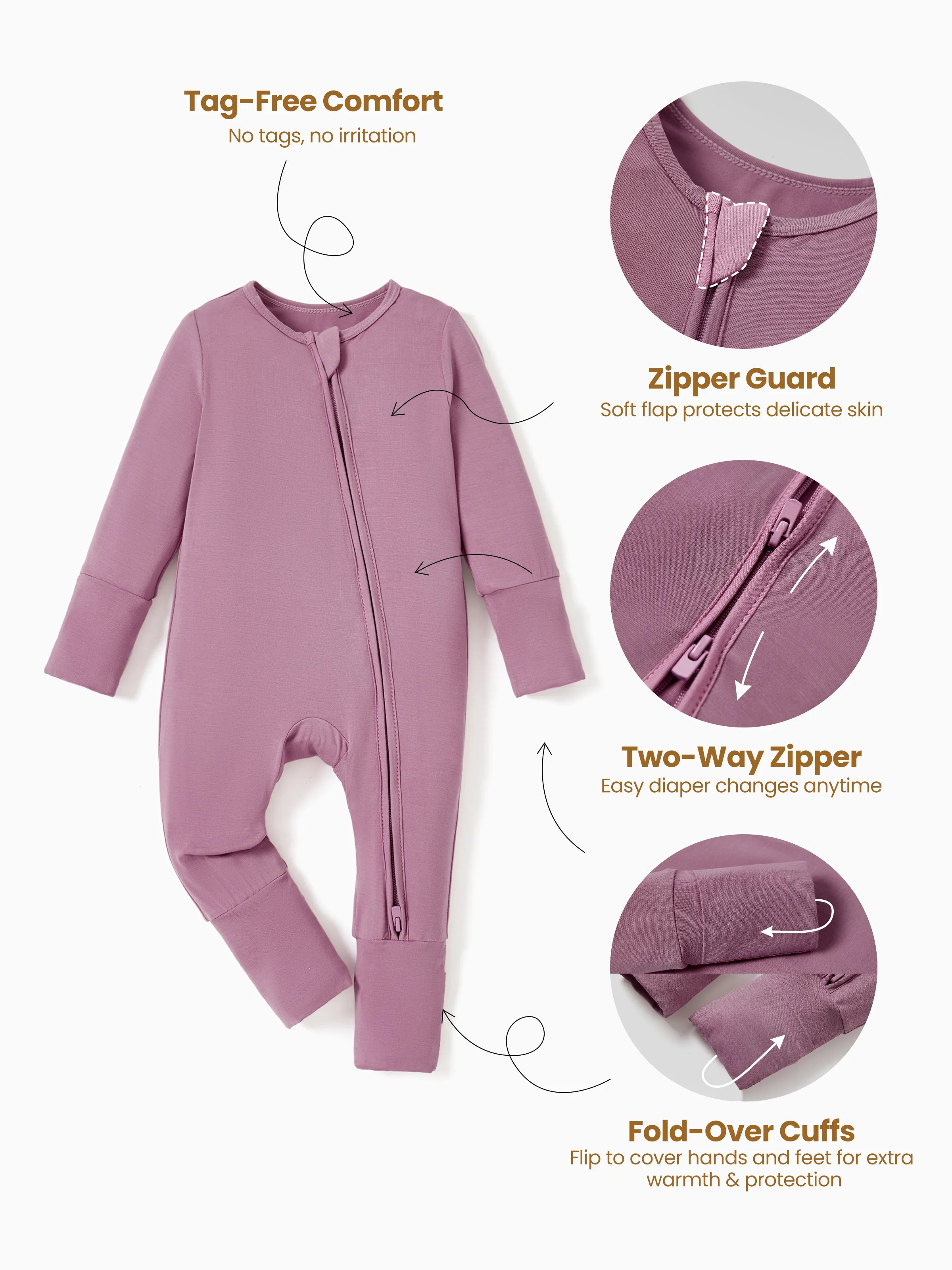 Bamboo Baby Boy / Girl Childlike Animal Pattern 2-way Zipper Footie Purple - Image 6