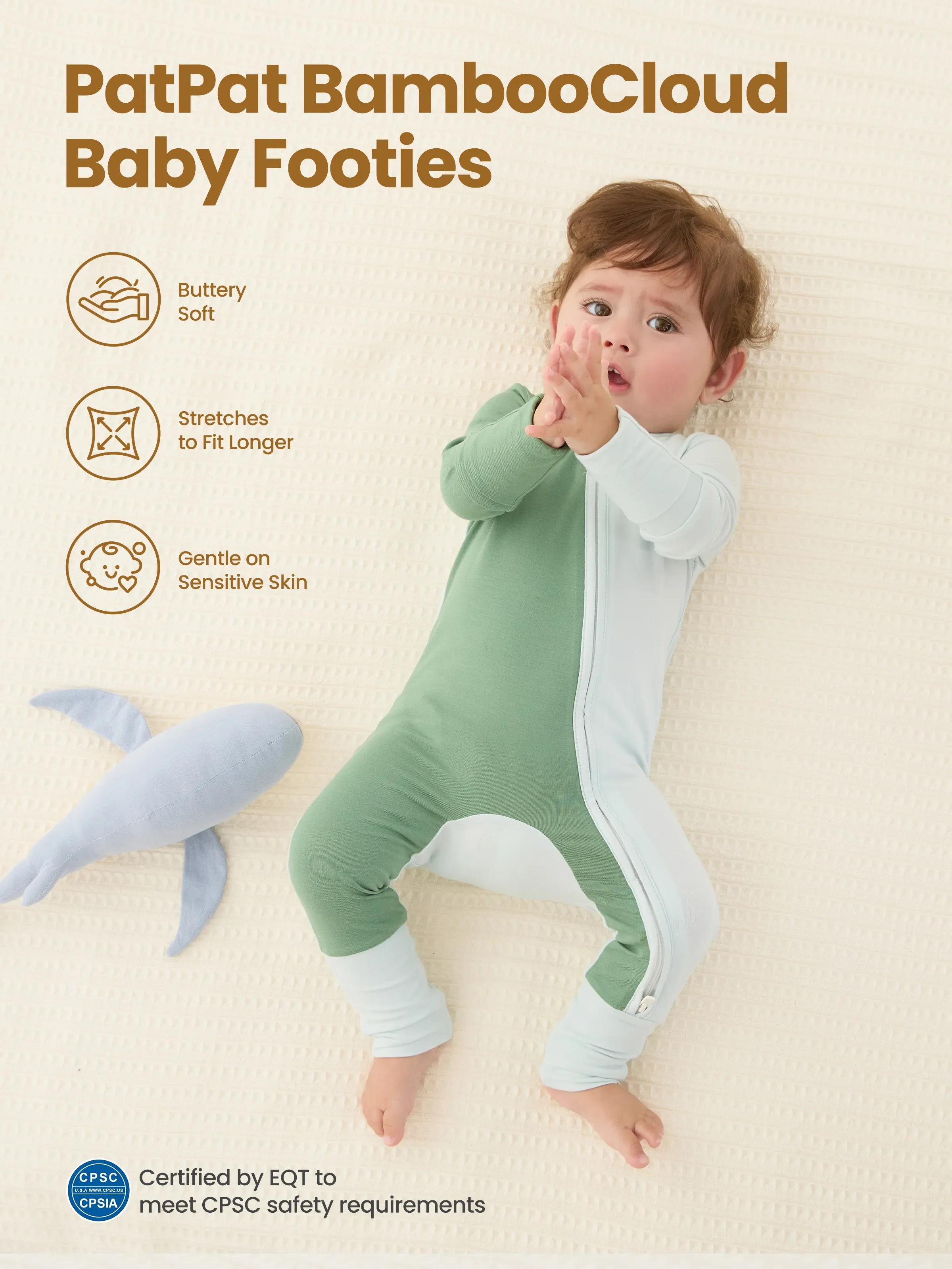 Bamboo Baby Boy / Girl Color Block 2-Way Zipper Anti Slip Long Sleeve Rompers Green - Image 3