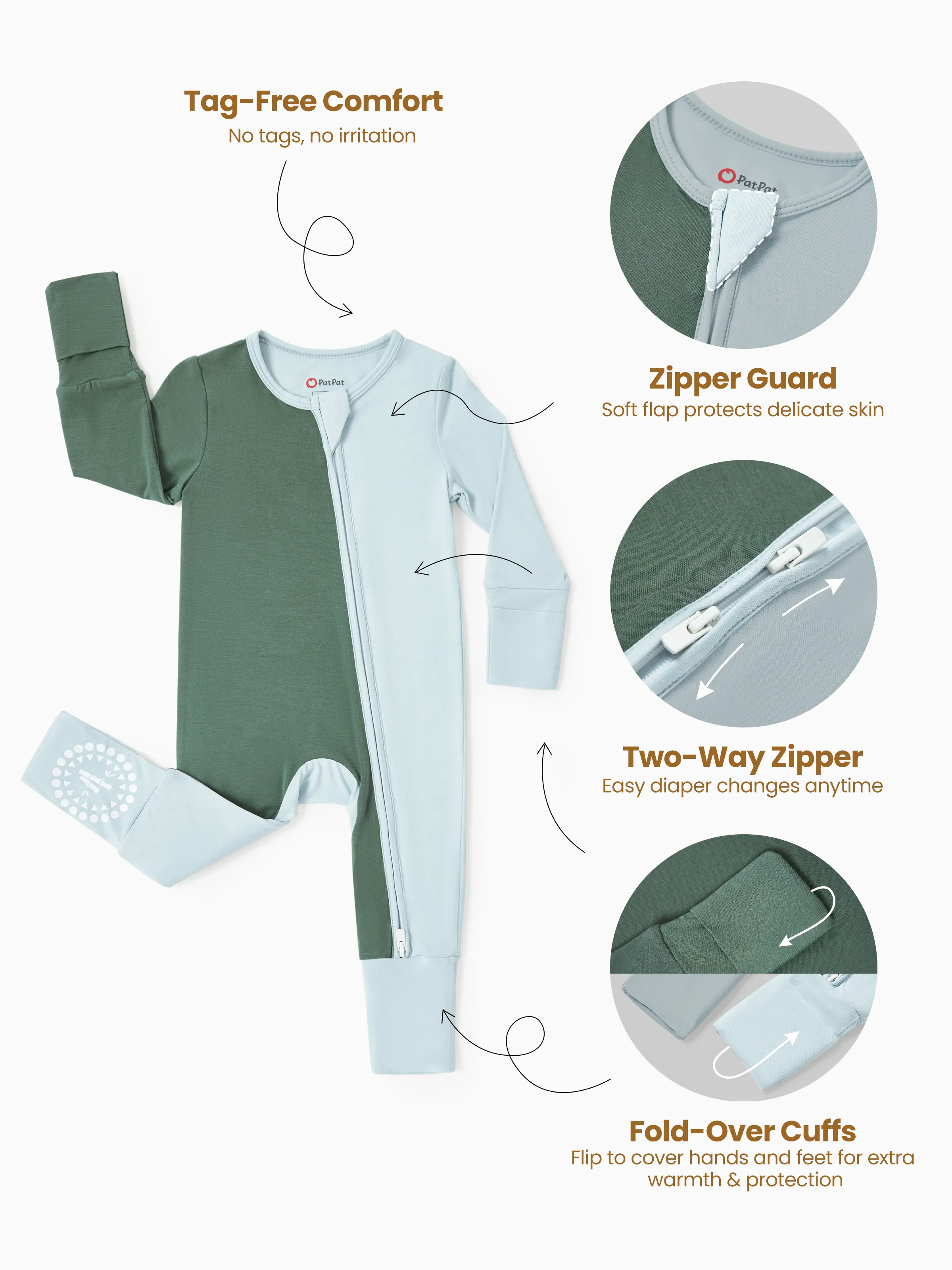 Bamboo Baby Boy / Girl Color Block 2-Way Zipper Anti Slip Long Sleeve Rompers Green - Image 6